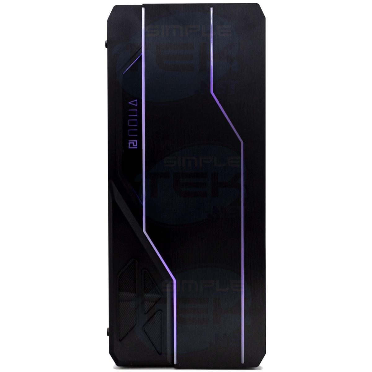 Un case per computer nero con accenti LED viola. Il case ha un design geometrico con la parola 'NOVA'. Sfondo bianco.