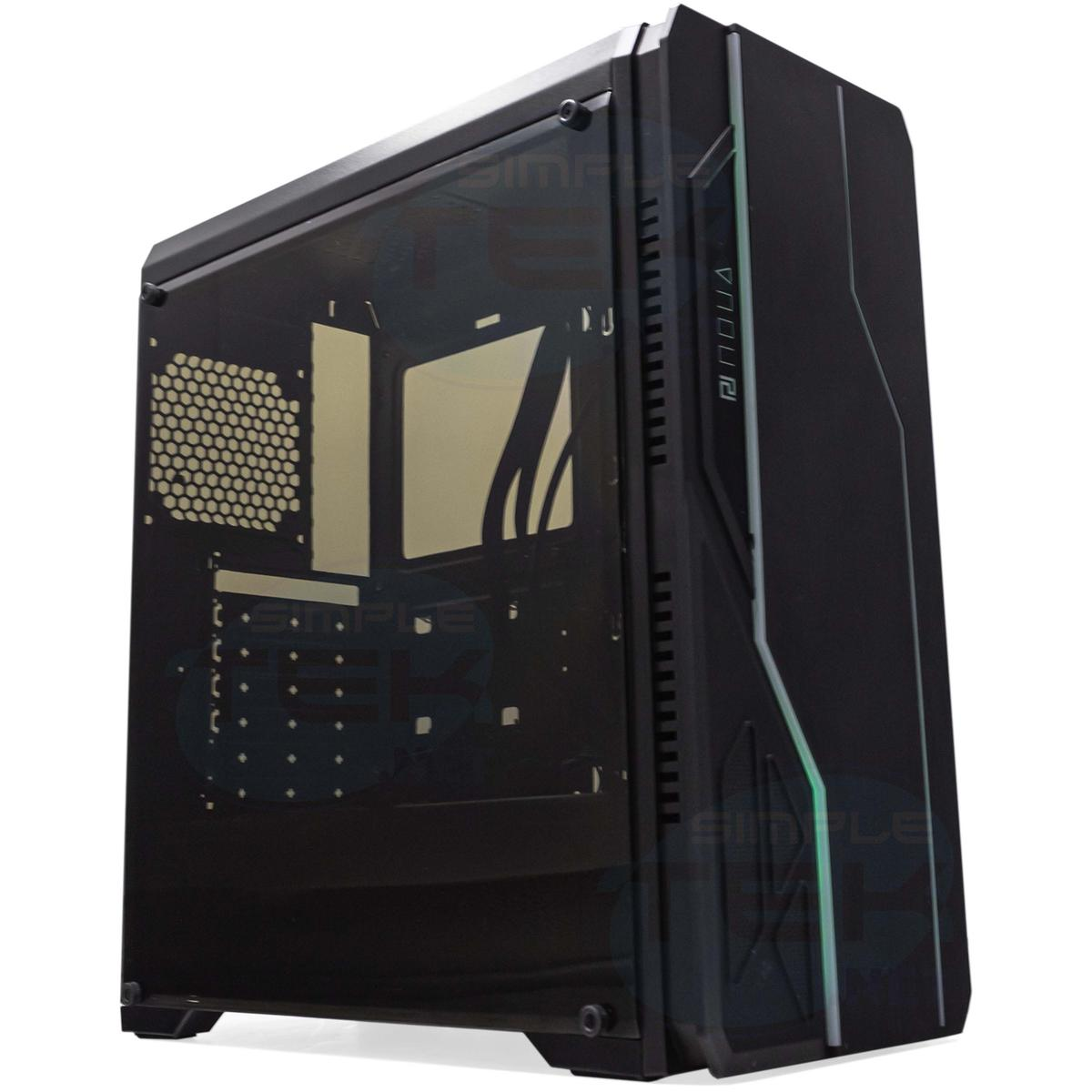 Un case per computer nero con un pannello laterale trasparente, che mostra i componenti interni. Il case ha un design moderno con accenti verdi.