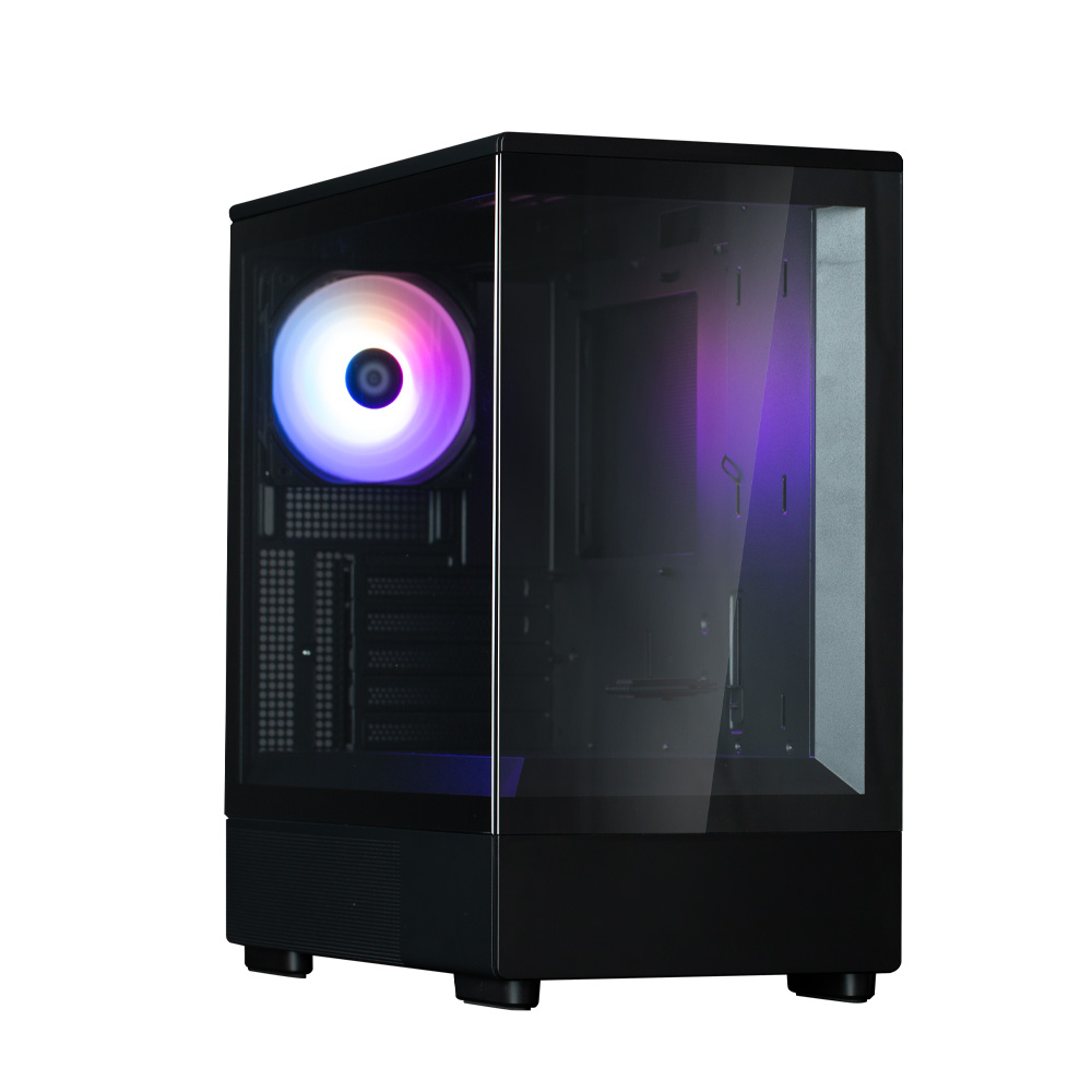 Case per computer nero con pannello laterale in vetro. È visibile una ventola a LED colorata. Il case è su sfondo bianco.