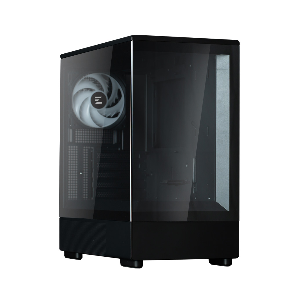 Un case per computer nero con un pannello laterale in vetro trasparente. All'interno è visibile una ventola bianca. Il case è su sfondo bianco.