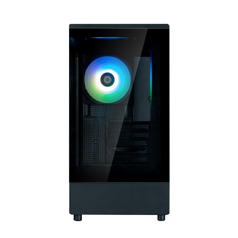 Case per computer nero con frontale in vetro. È visibile una ventola circolare con luci arcobaleno. Il case poggia su piccoli piedini.