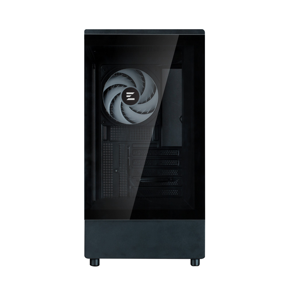 Case per computer nero con pannello laterale trasparente. All'interno è visibile una ventola, e il case poggia su piccoli piedini.