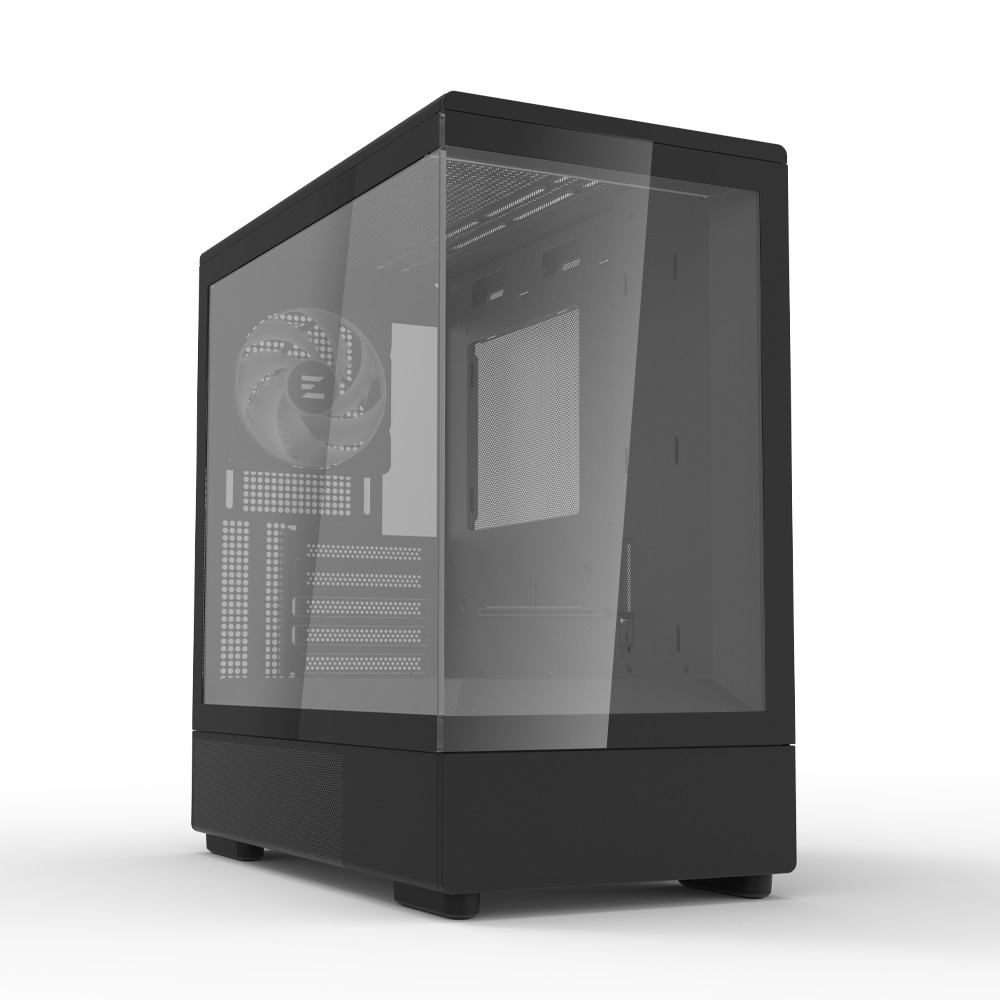 Un case per computer nero con pannello laterale trasparente. Componenti interni visibili, tra cui una ventola e un pannello a rete.