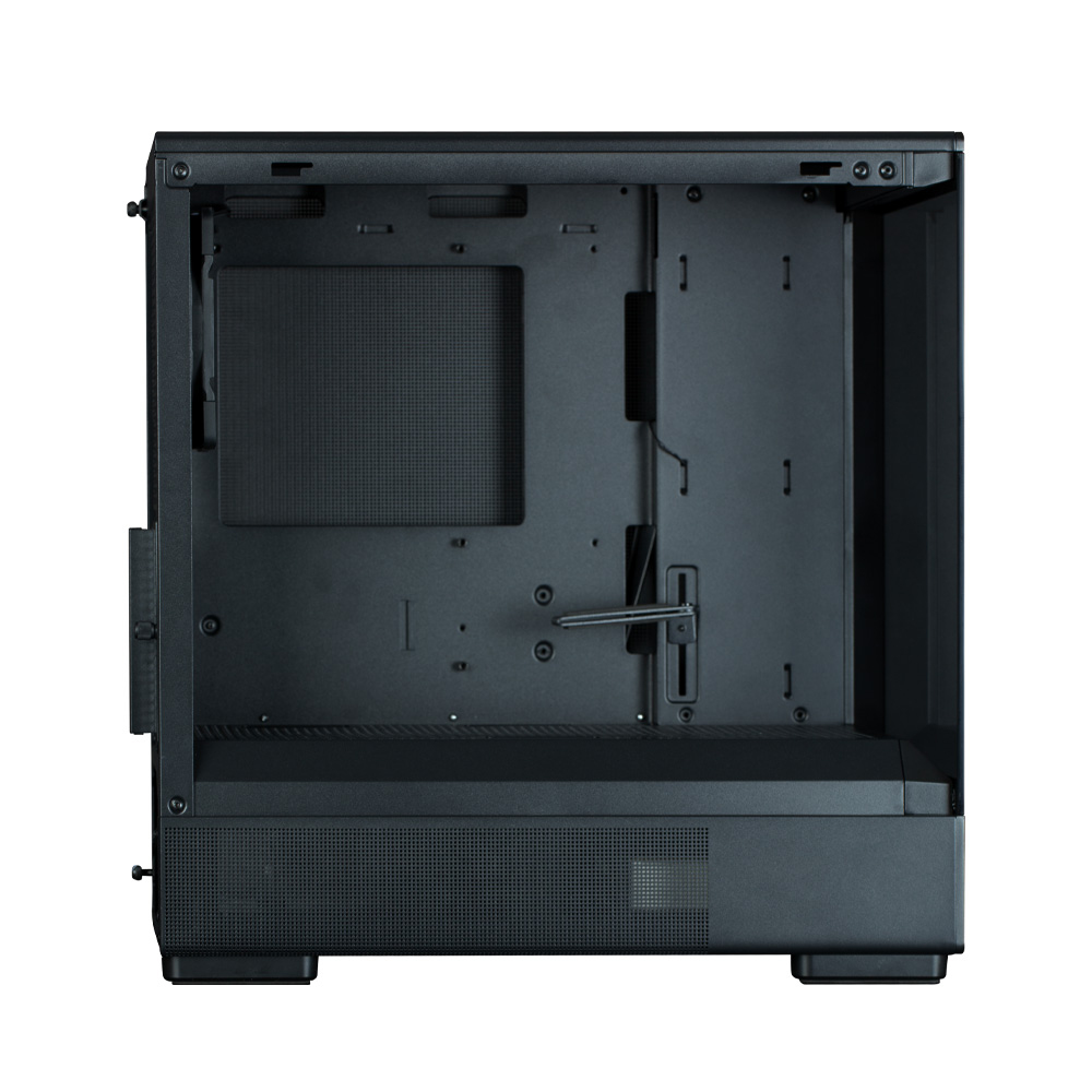 Interno di un case per computer nero. Ha un pannello a rete, diversi punti di montaggio e un sistema di gestione dei cavi visibile.