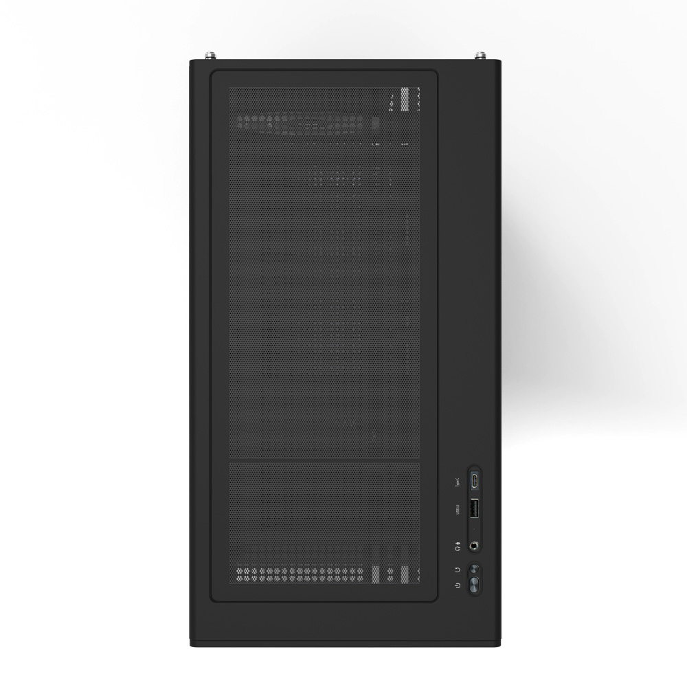 Un case per computer nero, vista dall'alto, con un pannello frontale in rete. Le porte includono USB, audio e pulsanti di accensione sul lato. Sfondo bianco.