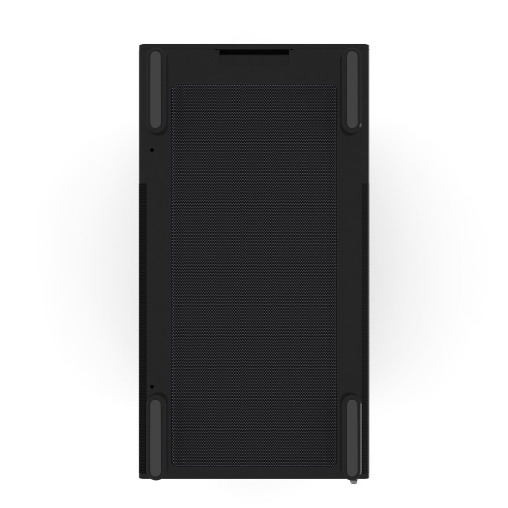 Vista dall'alto di un case per computer nero. Presenta una parte anteriore a rete, piedini in gomma e una maniglia superiore. Lo sfondo è bianco.