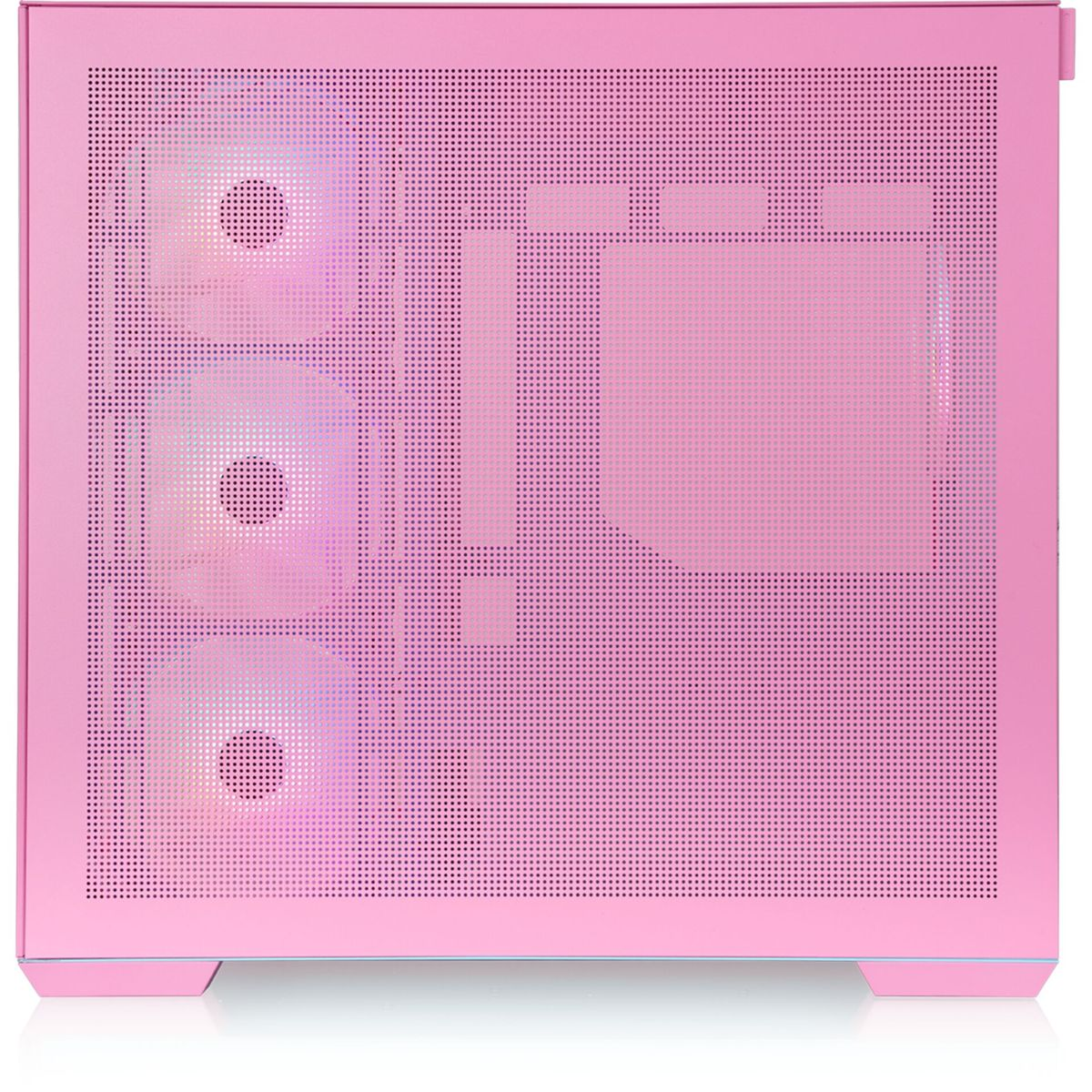 Rosa Computergehäuse mit drei kreisförmigen Lüftern und perforiertem Design. Das Gehäuse hat eine rechteckige Form und eine hellrosa Farbe.