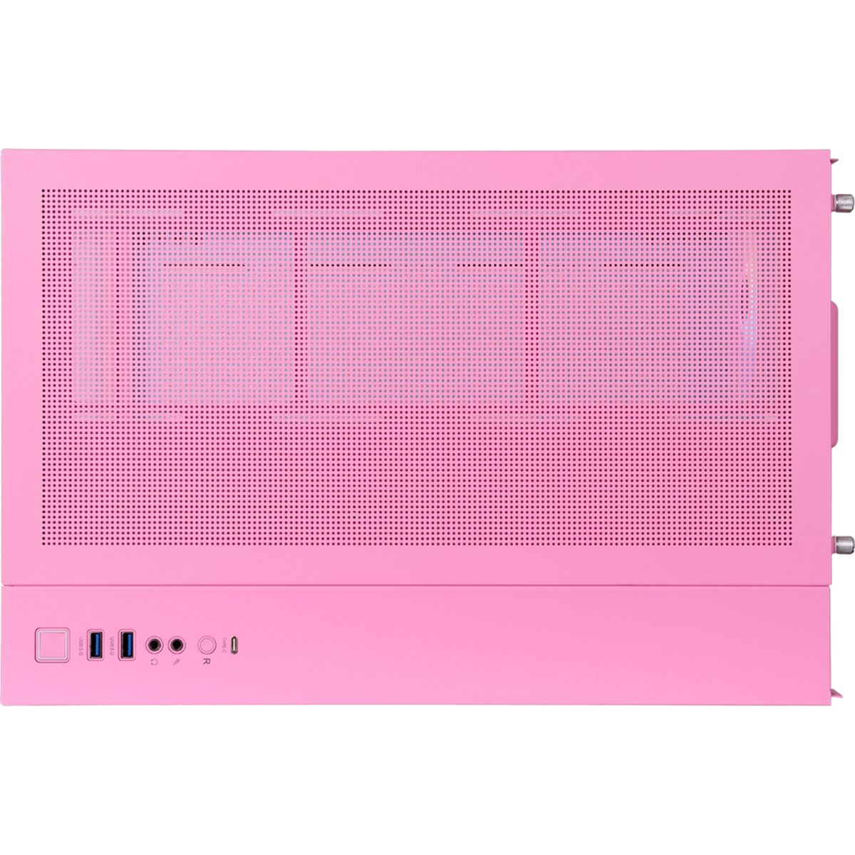 Draufsicht auf ein rosa Computergehäuse. Es hat eine perforierte Oberseite, Frontanschlüsse und einen Power-Button. Das Design ist modern.