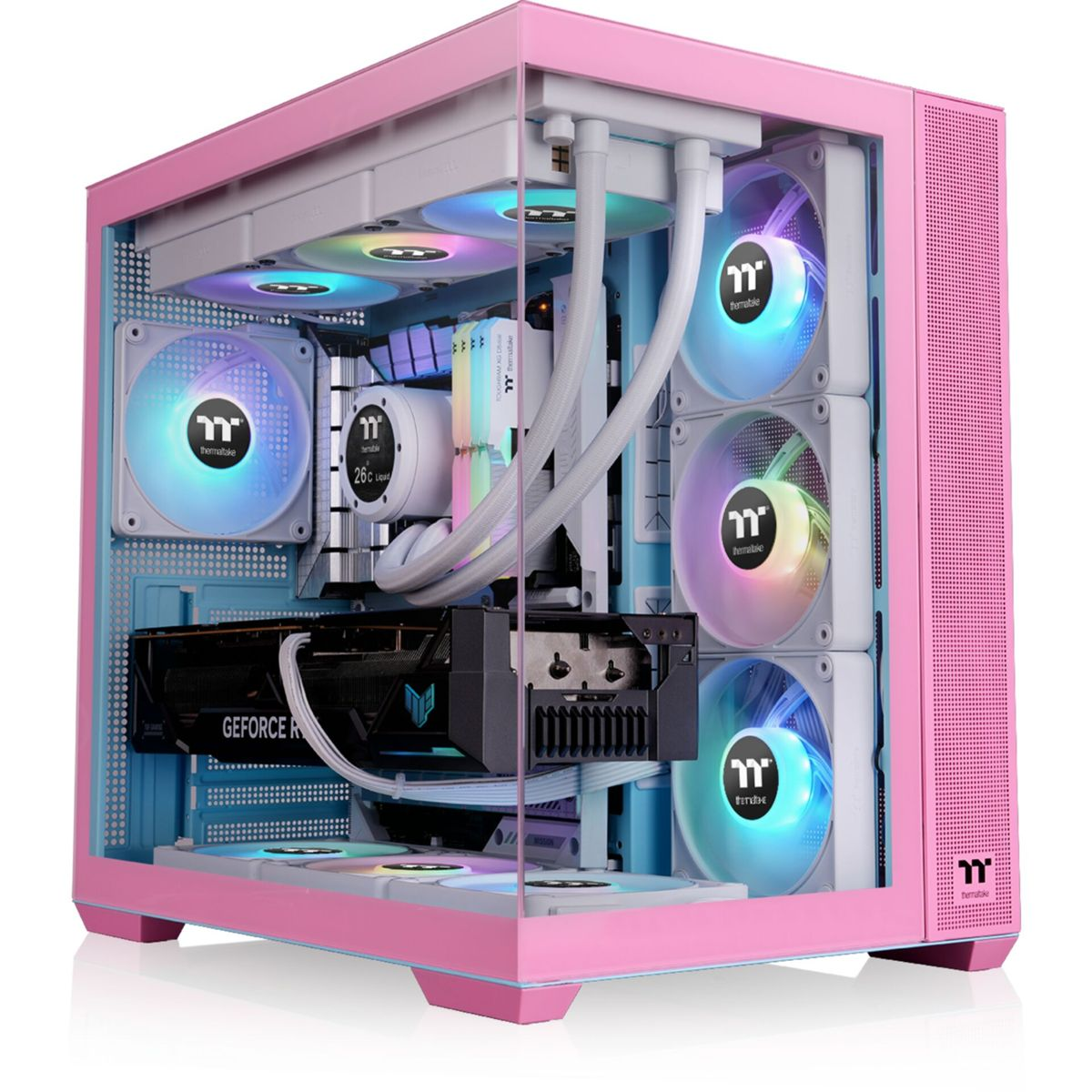 Rosa PC-Gehäuse mit internen Komponenten: Lüfter, Wasserkühlung und Grafikkarte. Die Komponenten haben eine LED-Regenbogenbeleuchtung.