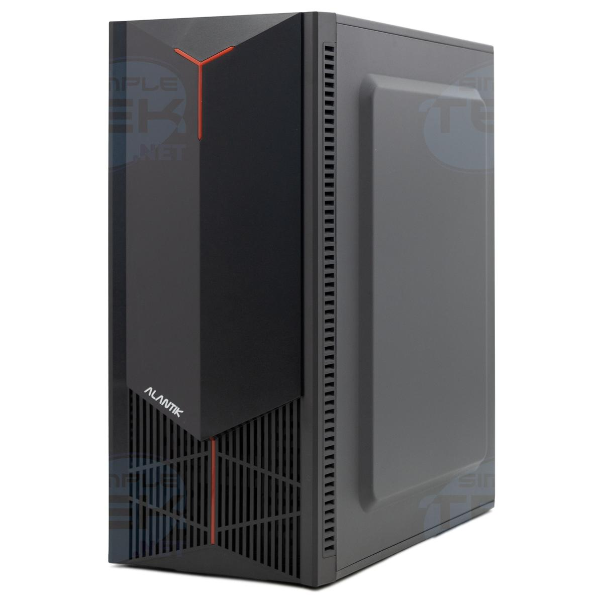 Un case per computer nero con dettagli rossi. Il case ha un design geometrico con il marchio 'ALANTIK' visibile.