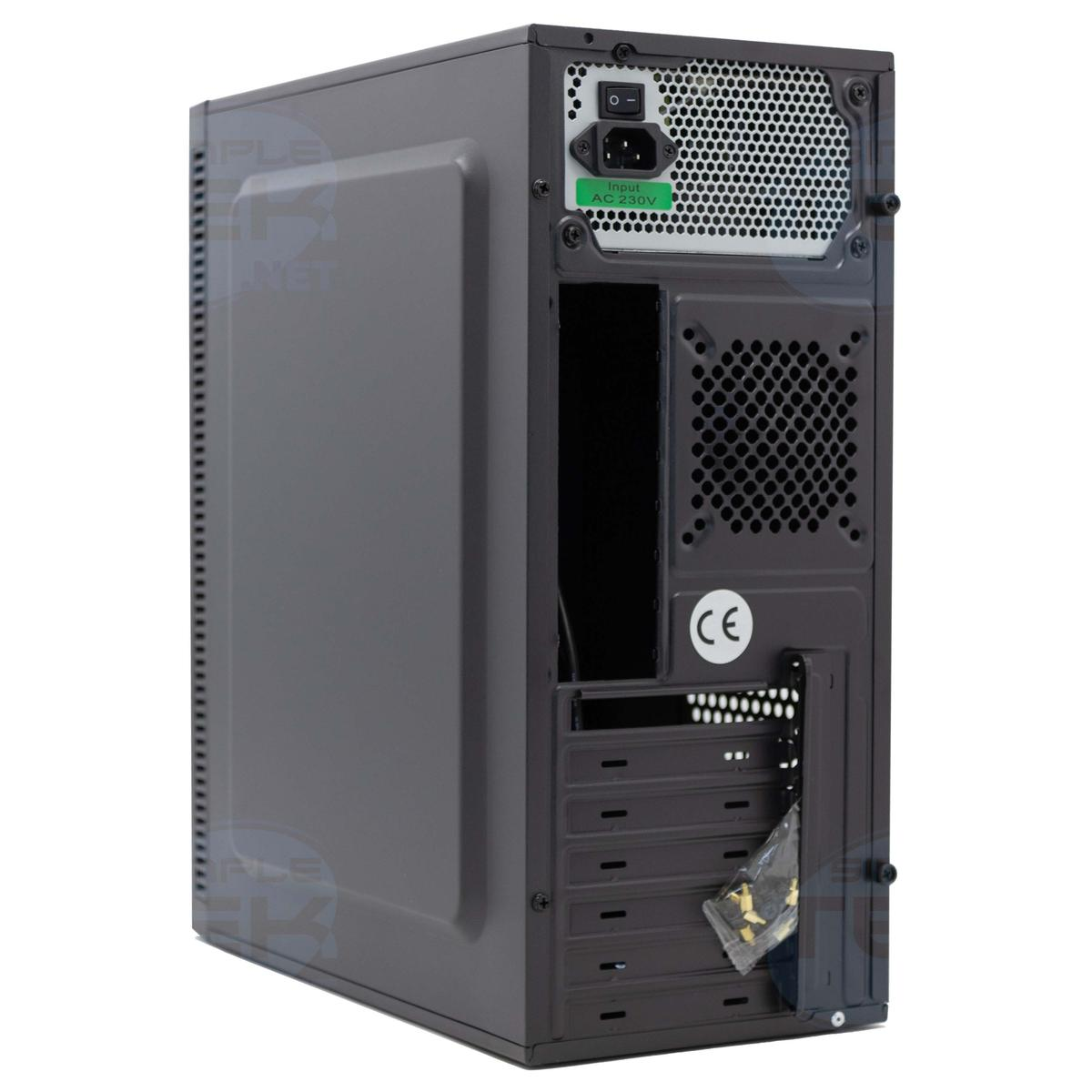 Viene mostrato un case per computer grigio. Ha un pulsante di accensione, una porta di ingresso e delle prese d'aria. Il case ha diverse fessure.