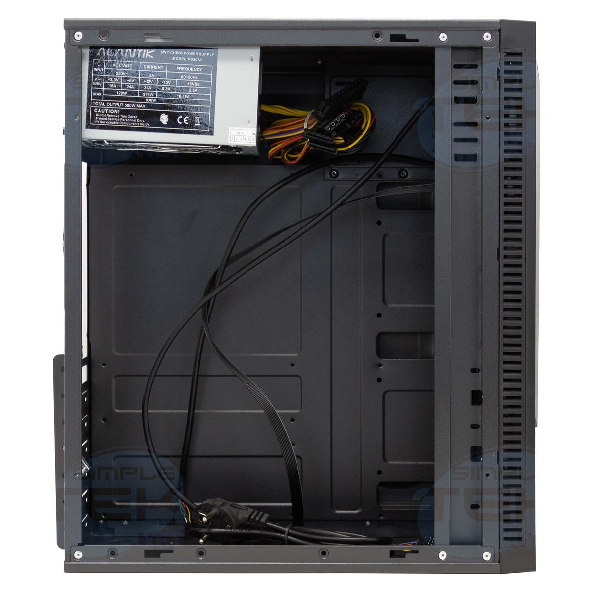 Vista interna di un case per computer nero. È visibile un alimentatore, insieme a fili e vari connettori. L'interno del case è vuoto.