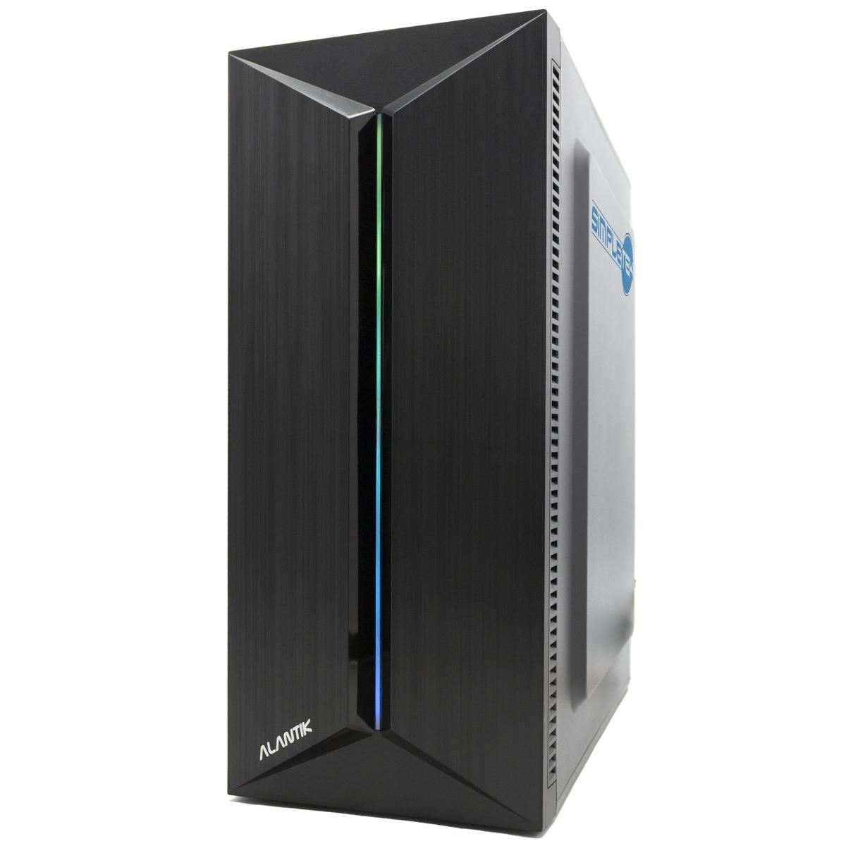 Un case per computer nero con il logo Alantik. Ha una striscia luminosa colorata sul davanti e un pannello laterale con un logo.