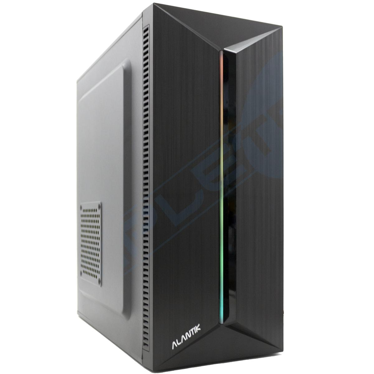 Un case per computer nero con il marchio ALANTIK. Il case ha un design moderno con fessure di ventilazione e una striscia luminosa.