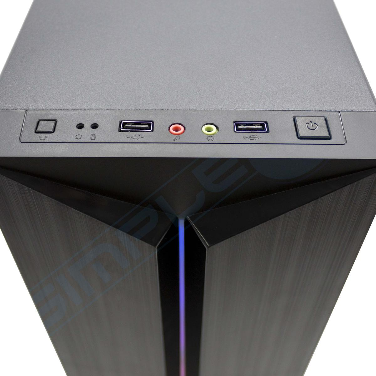 Primo piano di un case per computer scuro. Ha pulsanti e porte nella parte superiore. C'è un pulsante di accensione, porte USB e jack audio.