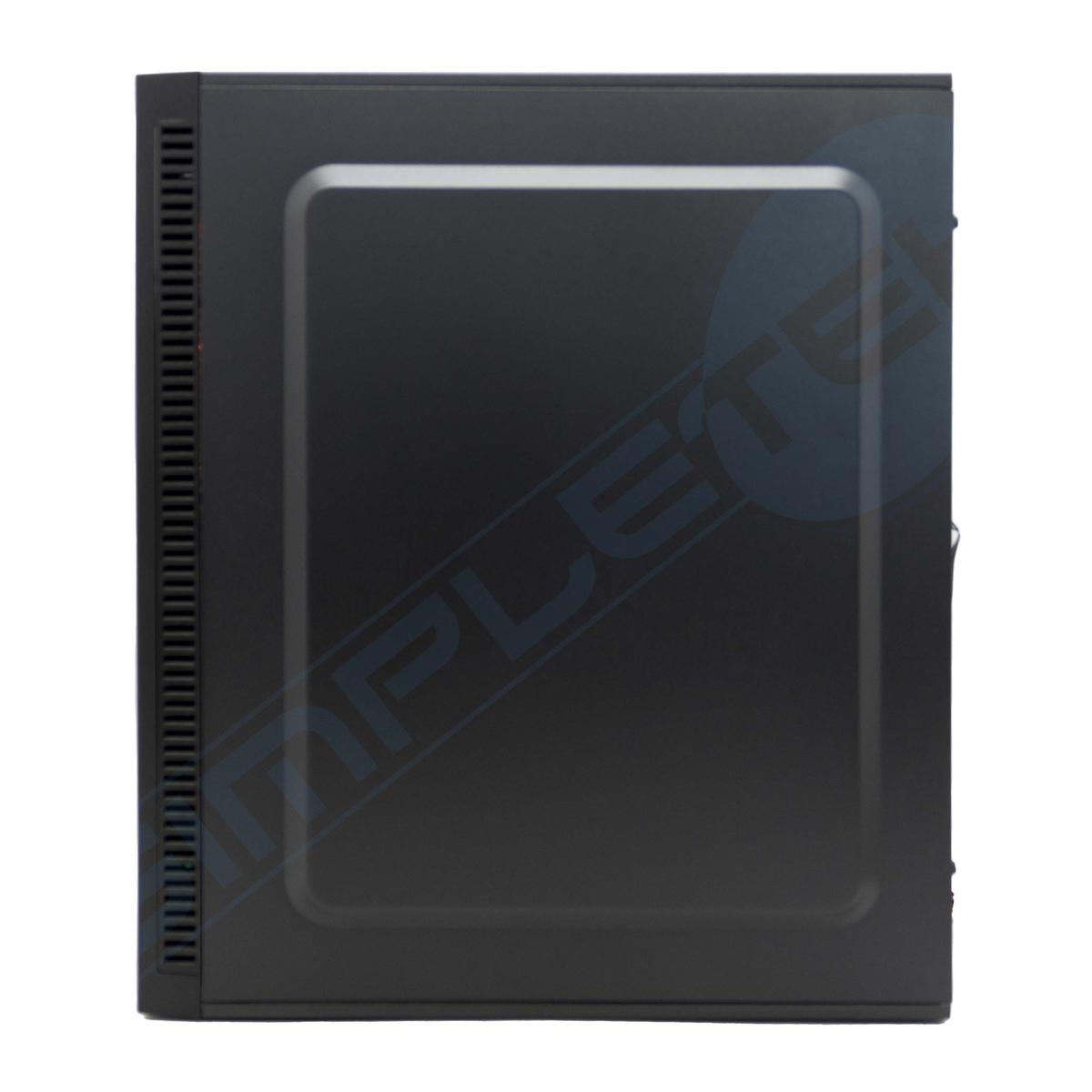 Un case per computer nero è mostrato di lato. Ha una forma rettangolare con un pannello frontale arrotondato e ventilazione laterale.