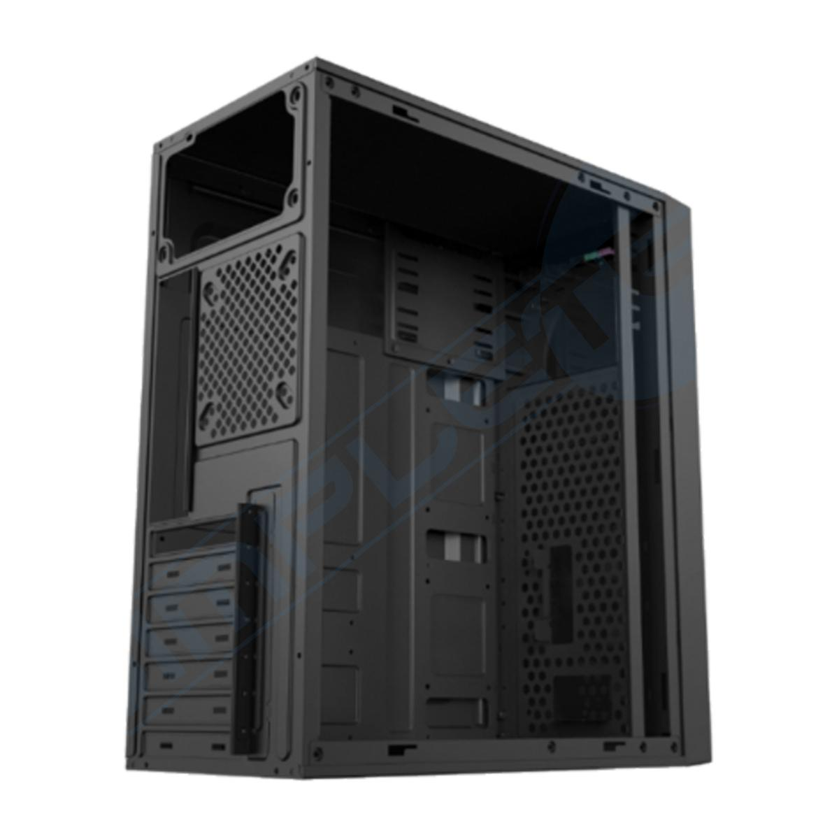 Un case per computer nero con telaio aperto. Ha scomparti e fori di ventilazione. Il case è vuoto, mostrando la sua struttura interna.