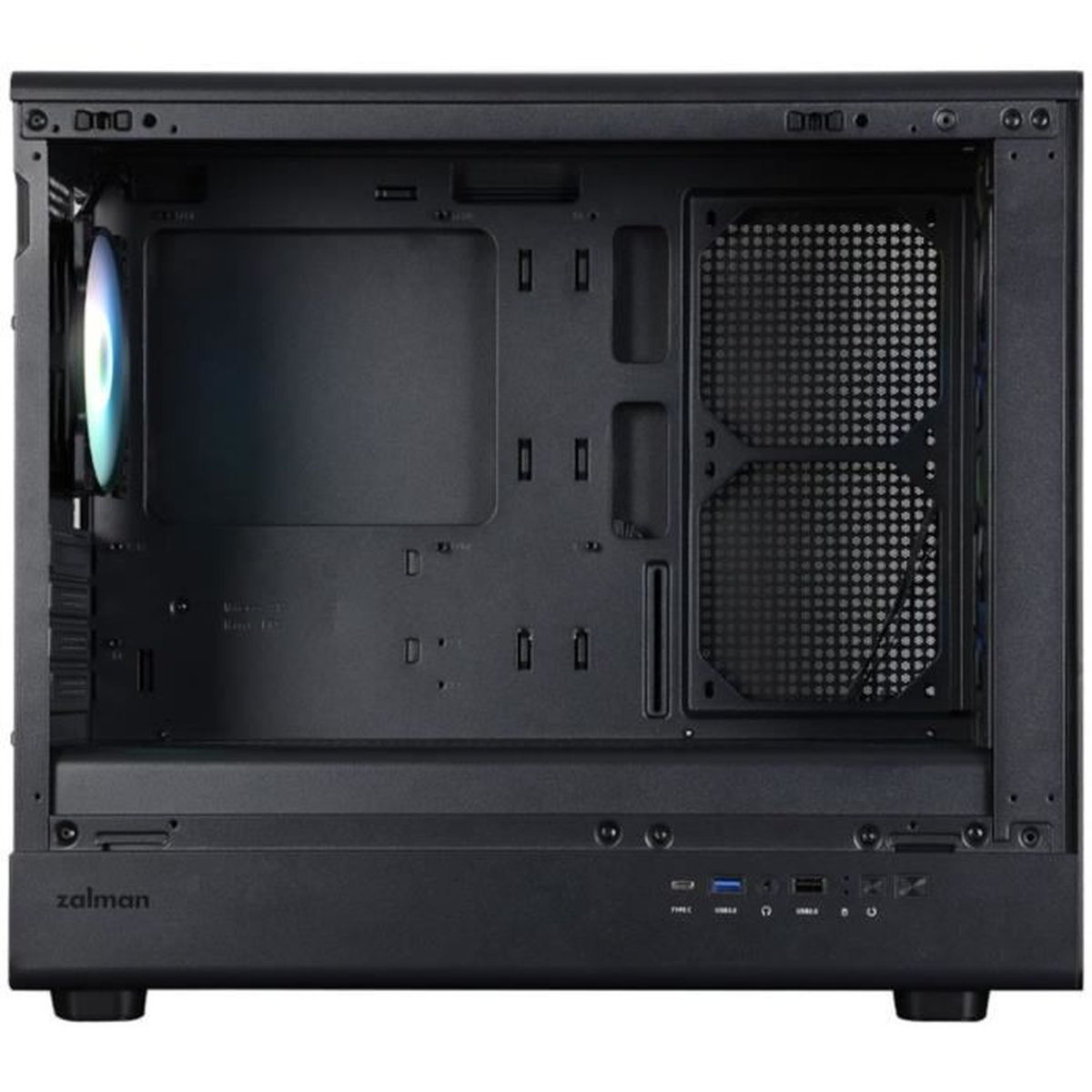 Un case per computer nero con interno aperto, vari scomparti e una ventola con bagliore blu e bianco visibile a sinistra.