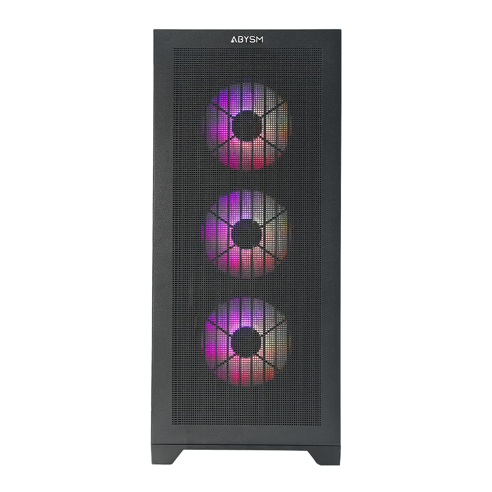 Parte anteriore di un case per computer nero. Ha tre ventole illuminate con luci viola e gialle. Il marchio ABYSM è visibile in alto.