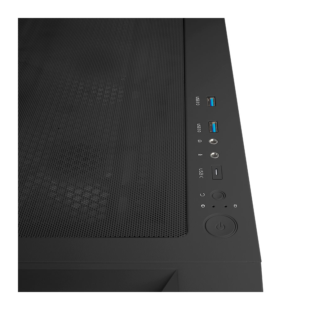 Un case per computer nero con porte USB, pulsante di accensione e altre porte di ingresso/uscita. Il case ha un pannello frontale a rete.