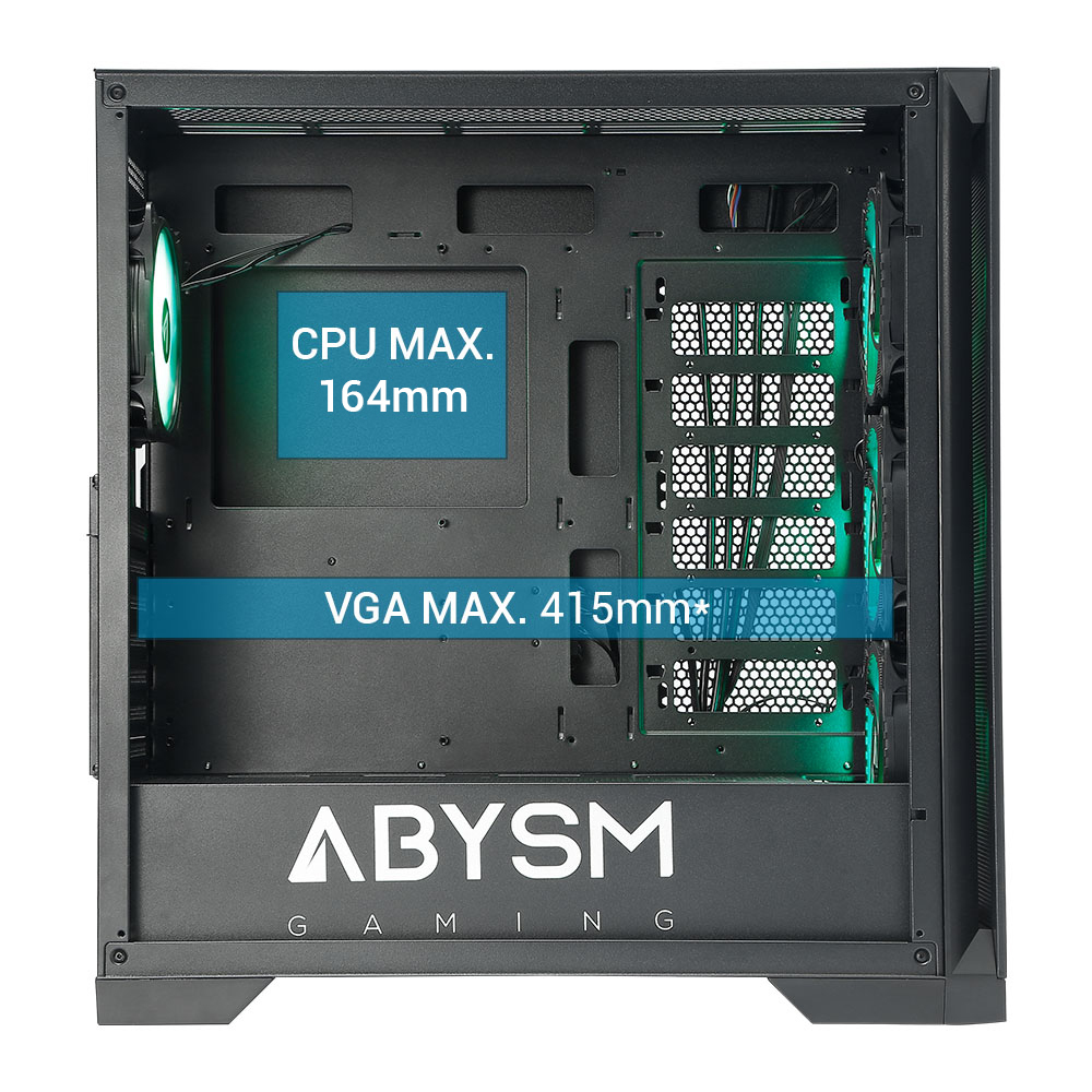 Case per computer nero con ventole a LED verdi. Il testo mostra CPU max. 164 mm e VGA max. 415 mm. Il marchio è ABYSM GAMING.