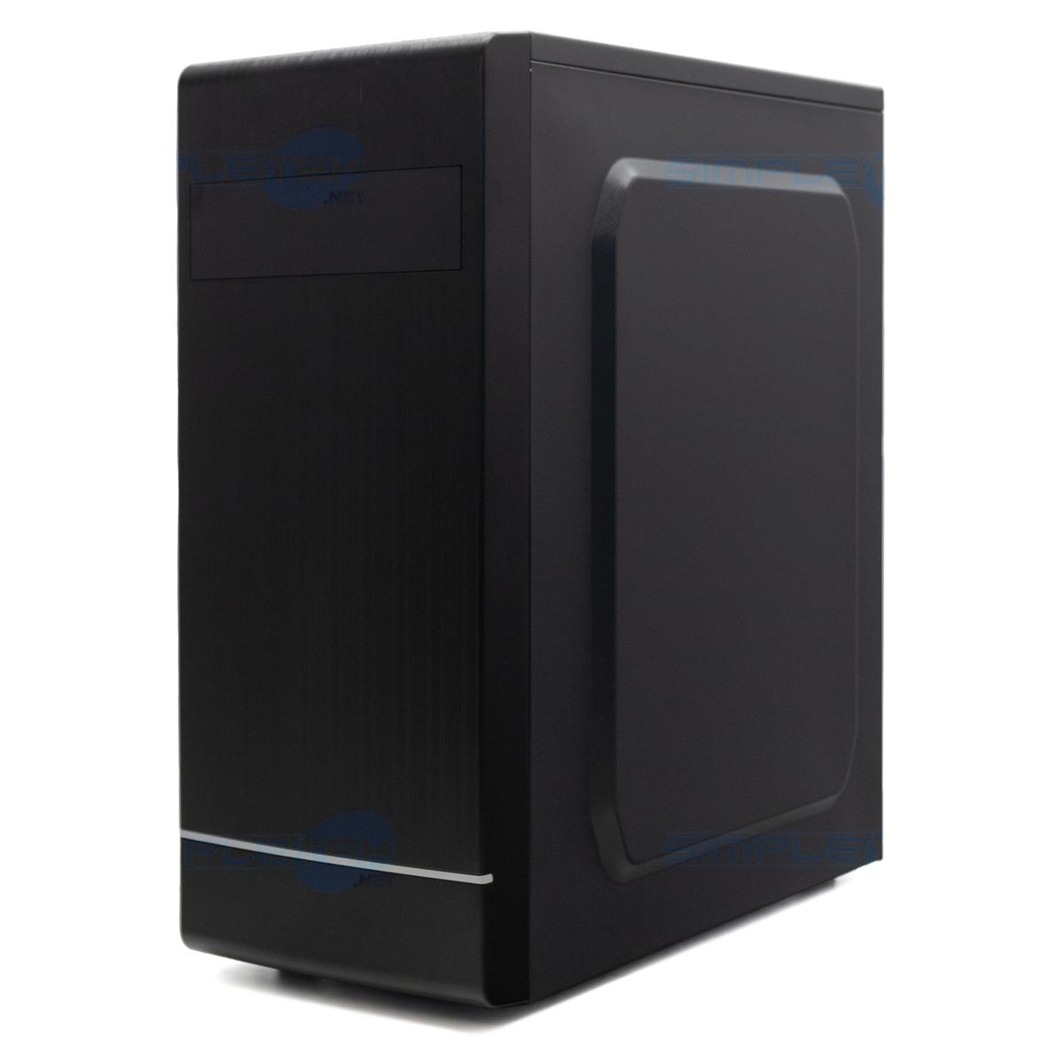 Un case nero per computer su sfondo bianco. Ha forma rettangolare con superficie strutturata.