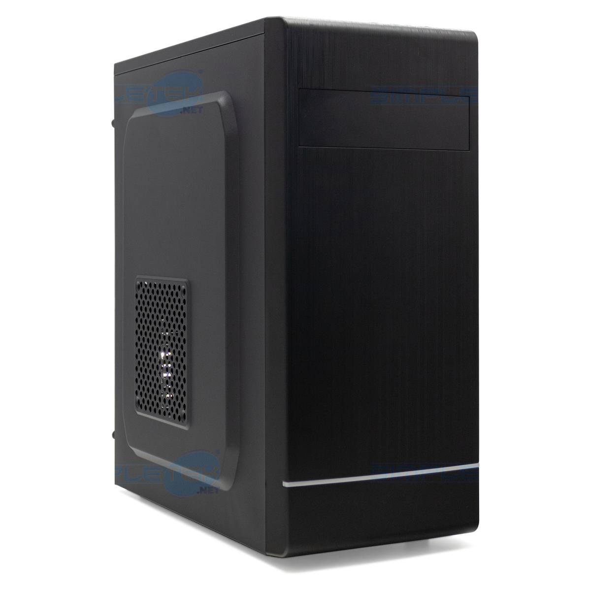 Case per computer nero su sfondo bianco. Ha una presa d'aria e una superficie liscia e lucida.