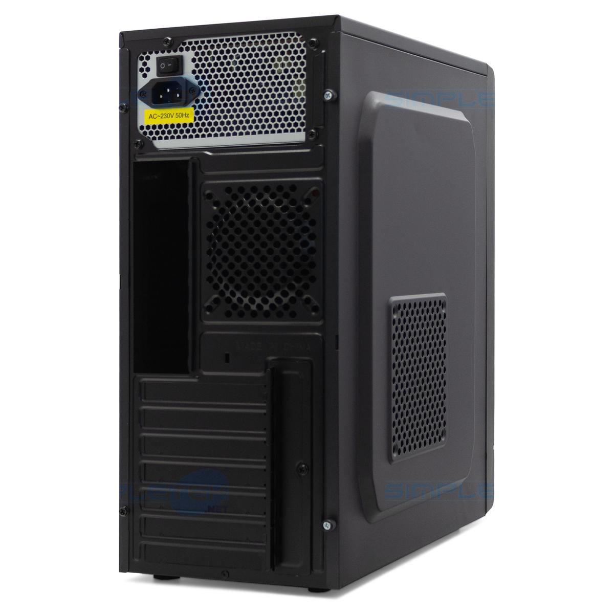 Retro di un case per computer nero. Ha un alimentatore, prese d'aria e varie porte. L'ingresso di alimentazione è etichettato AC-230V 50Hz.