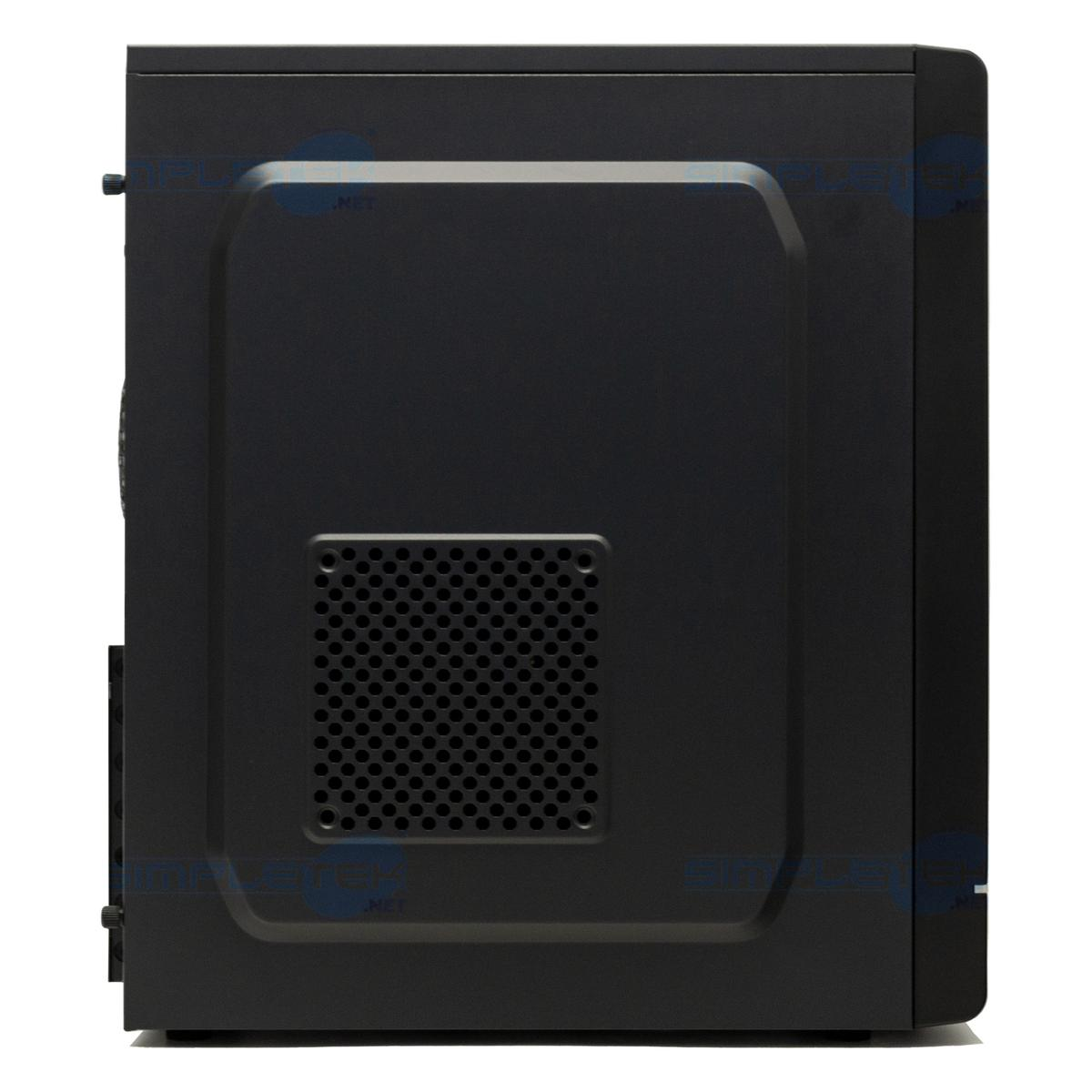 Vista laterale del case del computer nero. Ha una grande superficie piana, uno sfiato con fori e un pannello leggermente incassato.