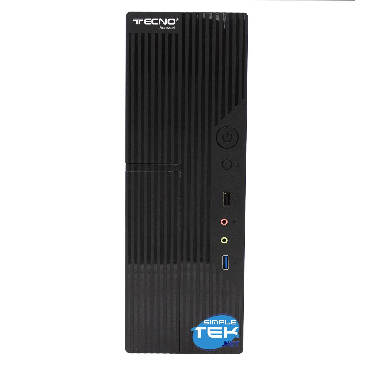 Case per computer TECNO nero con logo Simple Tek. Dispone di pulsante di accensione, porte e linee verticali.