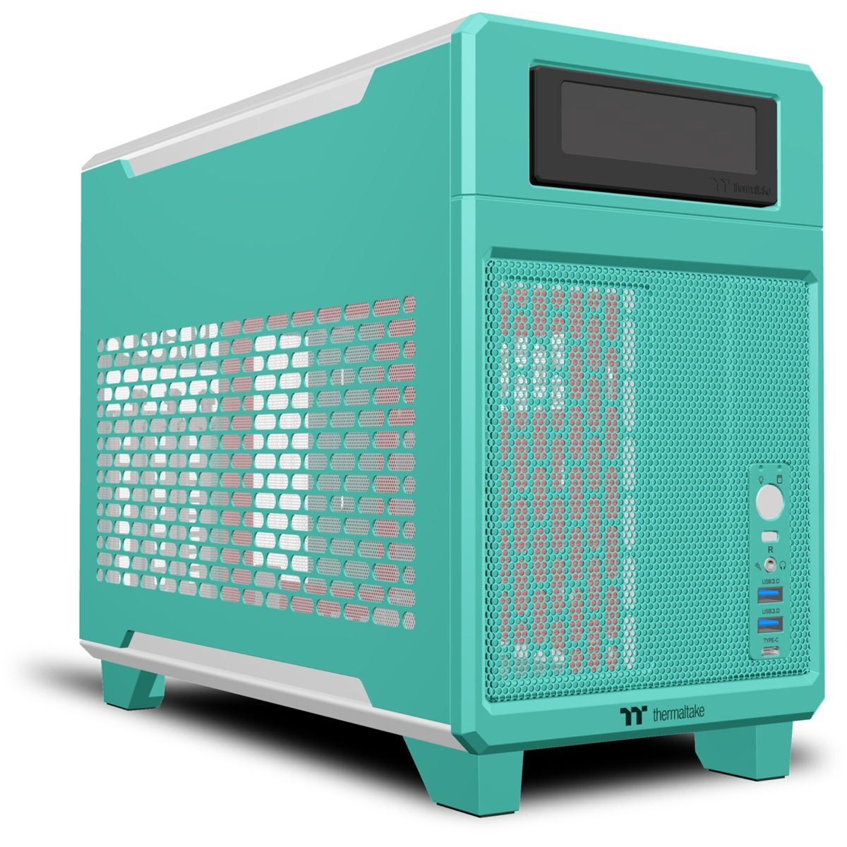 Un case per computer turchese con frontale e laterale a rete. Ha accenti bianchi e un piccolo display, con varie porte e loghi visibili.