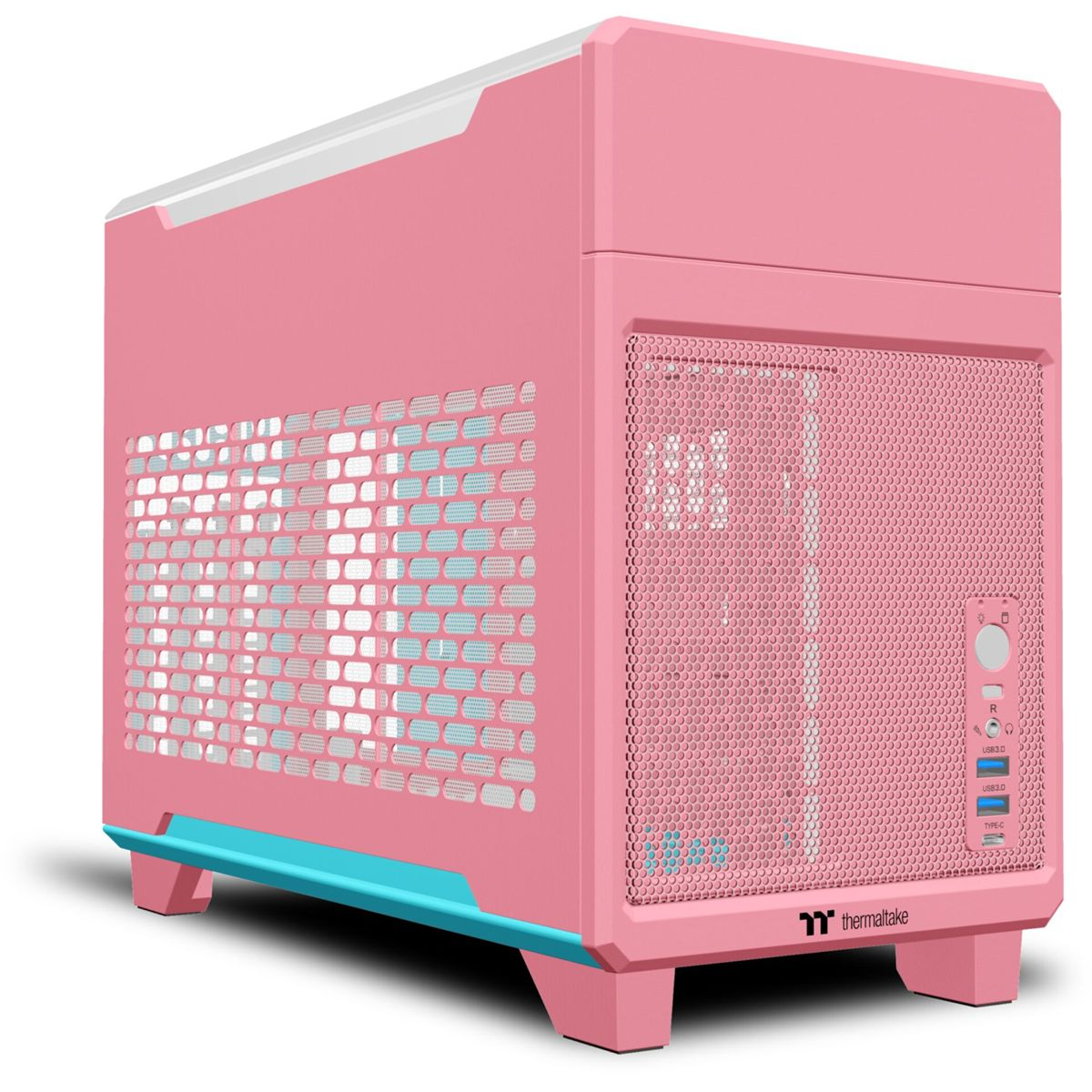 Case per computer Thermaltake rosa. Ha una parte superiore bianca, dettagli blu e una parte anteriore a rete. Logo Thermaltake in basso.