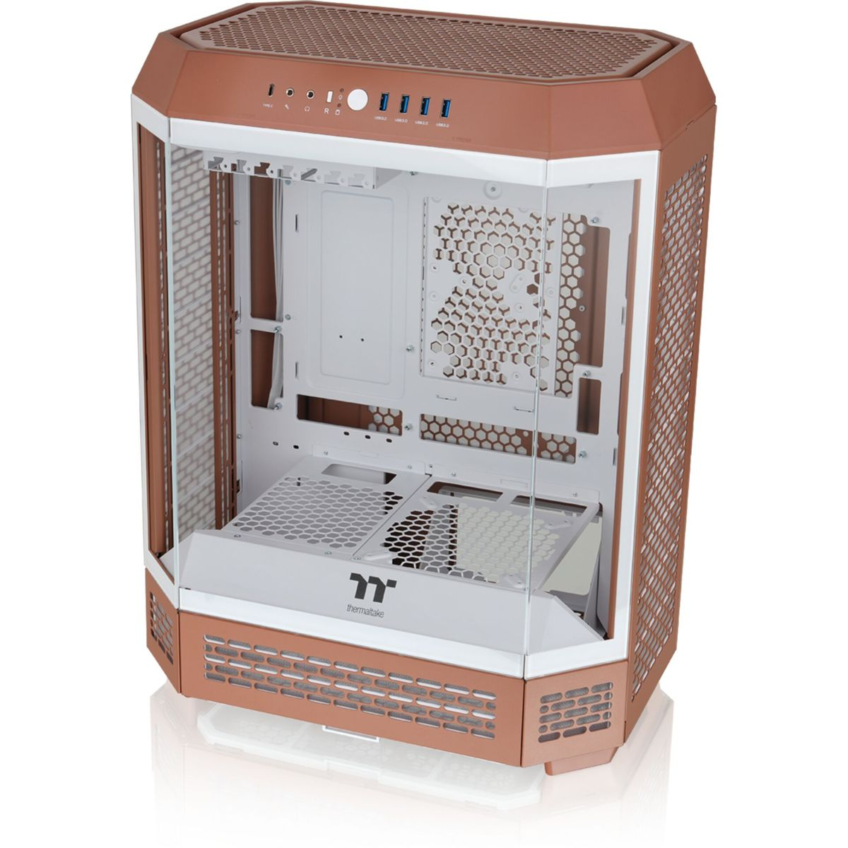 Un case per computer con telaio color rame, pannelli di vetro e componenti interni visibili. Il logo Thermaltake è presente in basso.