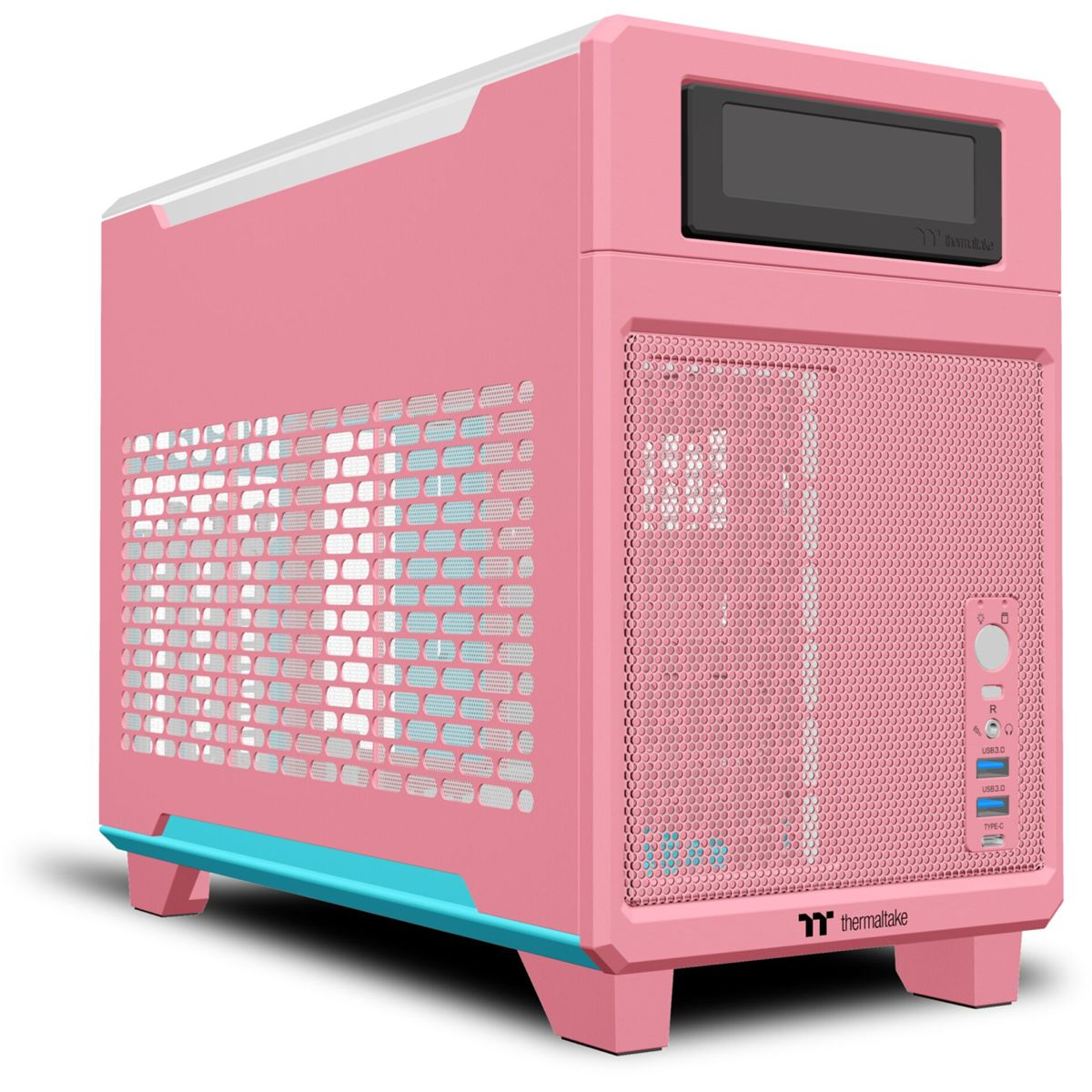 Case per computer rosa con accenti bianchi e blu. Caratterizzato da frontale a rete, display superiore e logo Thermaltake.