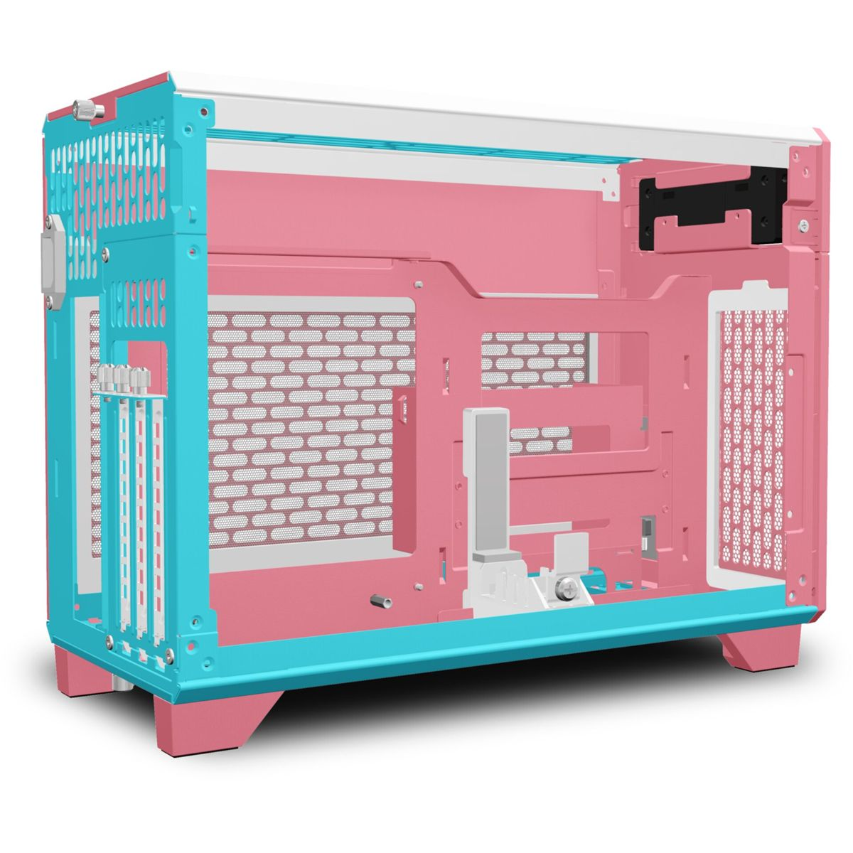 Viene mostrato un case per computer rosa e verde acqua. Il case è aperto, rivelando i componenti interni. Il design utilizza una combinazione di colori.