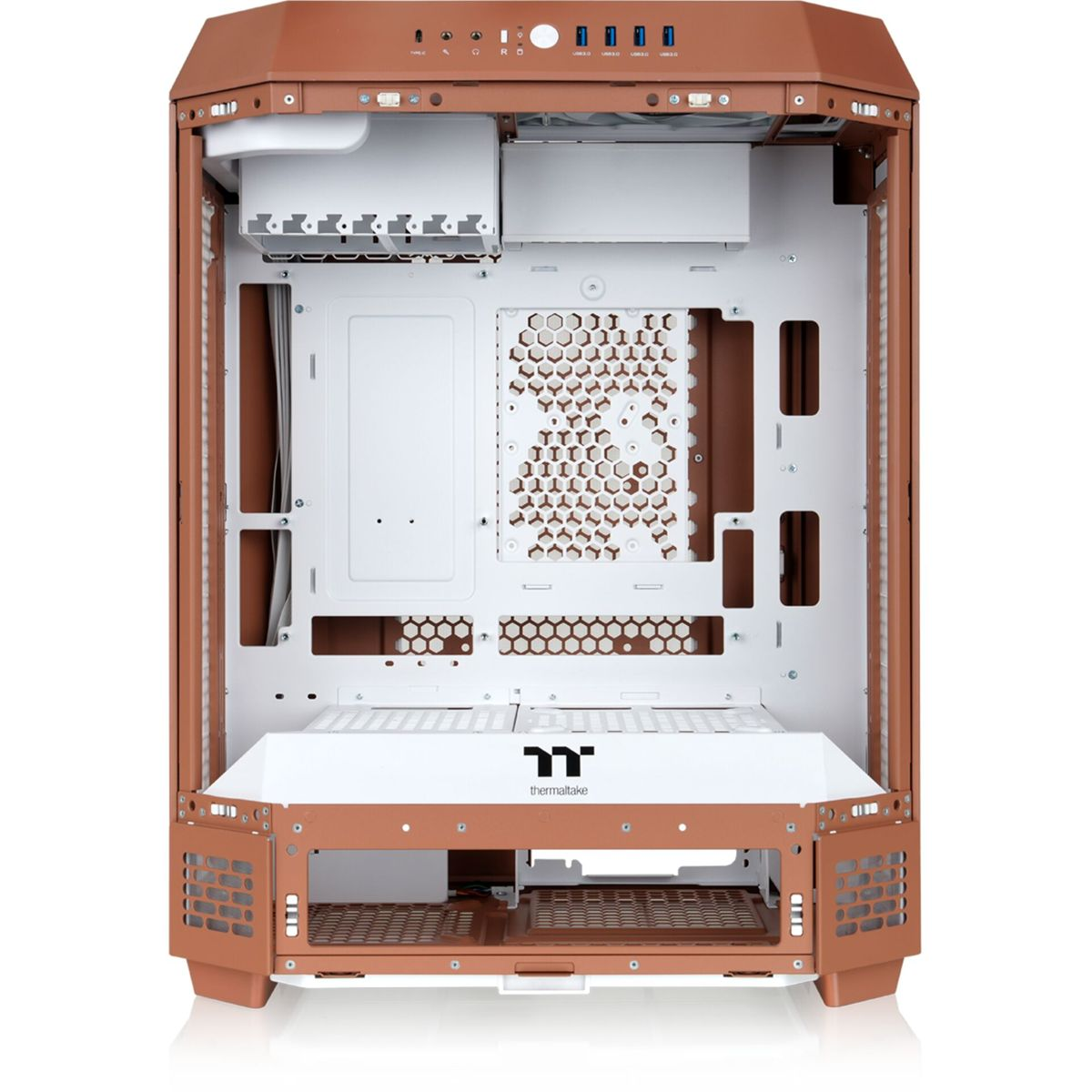 Un case per computer, color rame con interno bianco. Motivi di ventilazione a nido d'ape e rettangolari. Il marchio Thermaltake è visibile.