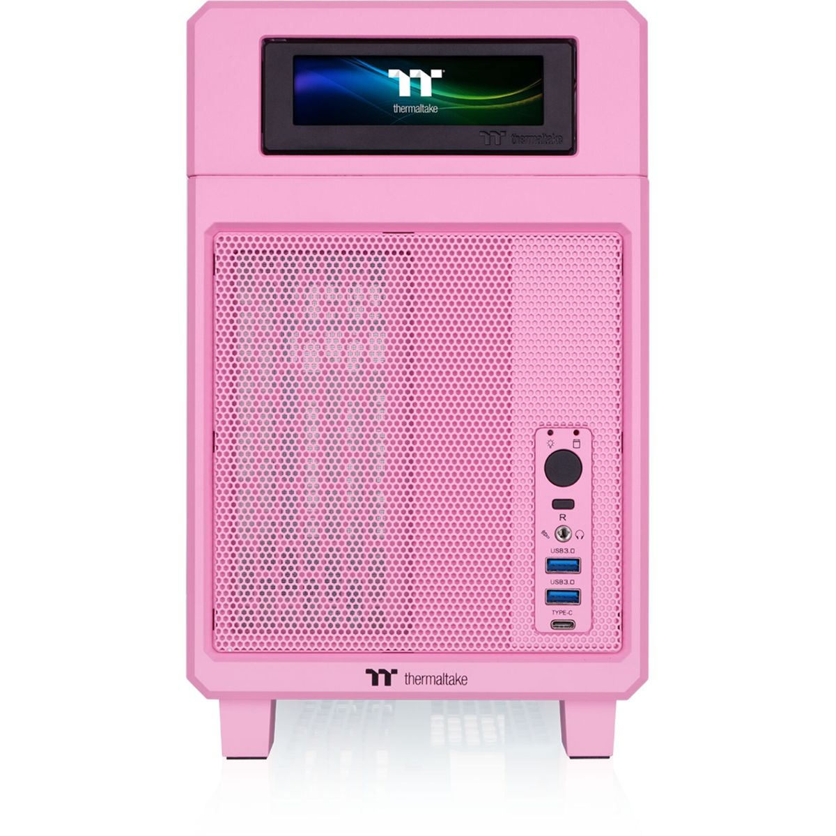 Un case per computer Thermaltake rosa. Ha una parte anteriore a rete, uno schermo LCD in alto e varie porte. Il logo è visibile.