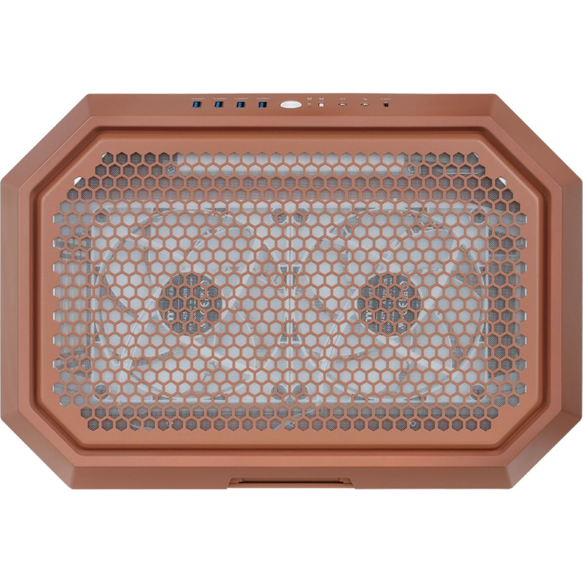 Vista dall'alto di un dispositivo di raffreddamento per laptop marrone. Ha una griglia a nido d'ape con due ventole, porte USB e un design ottagonale.