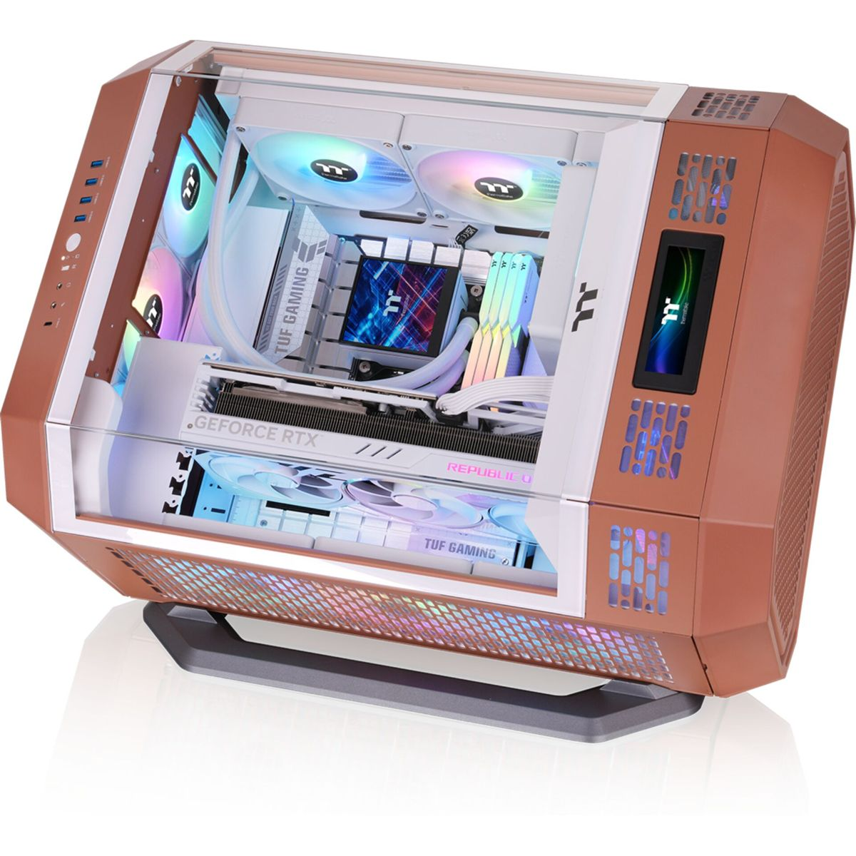 Un case per computer con pannelli in vetro, telaio color rame e componenti visibili all'interno. Ventole e luci creano un display colorato.