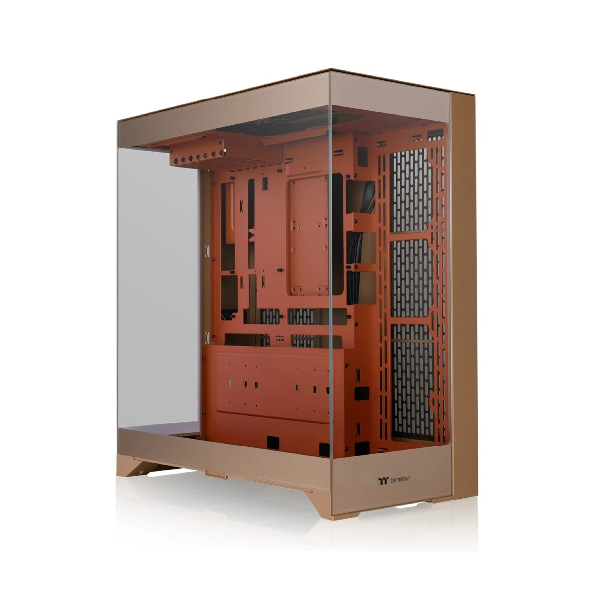 Un case per computer con pannelli in vetro, struttura color rame e interni arancioni. Il logo Thermaltake è visibile in basso.