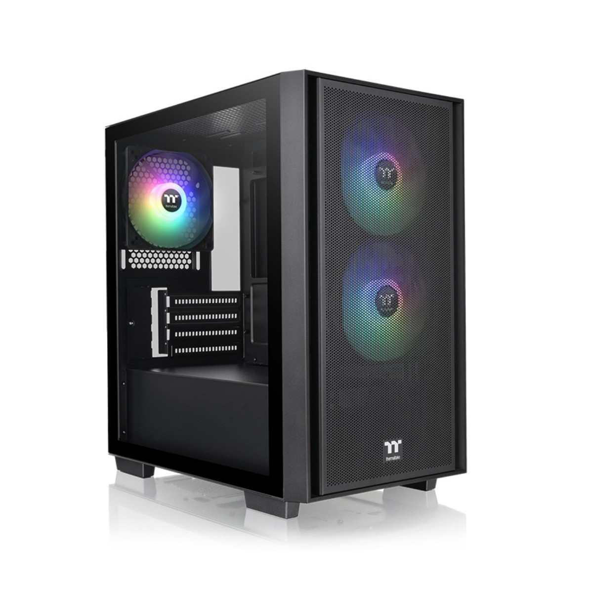 Case per computer nero con pannello laterale in vetro. Dotato di ventole RGB. Il pannello frontale ha un design a rete.