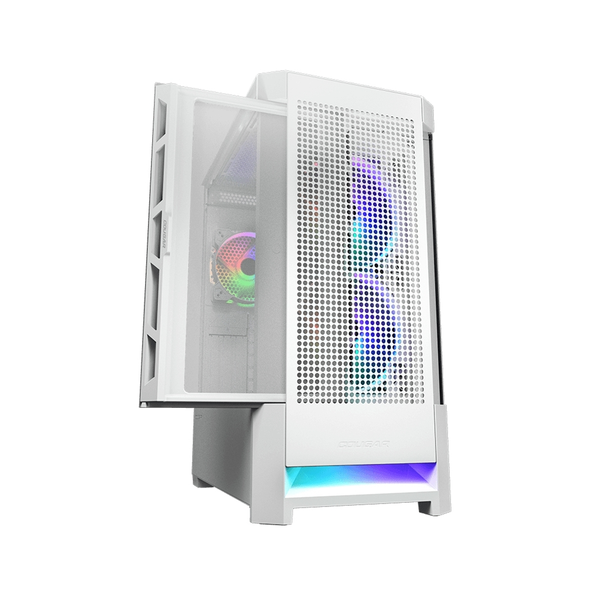 Un case per PC bianco con pannello frontale perforato e pannello laterale in vetro. Illuminazione RGB visibile attraverso il frontale e all'interno.