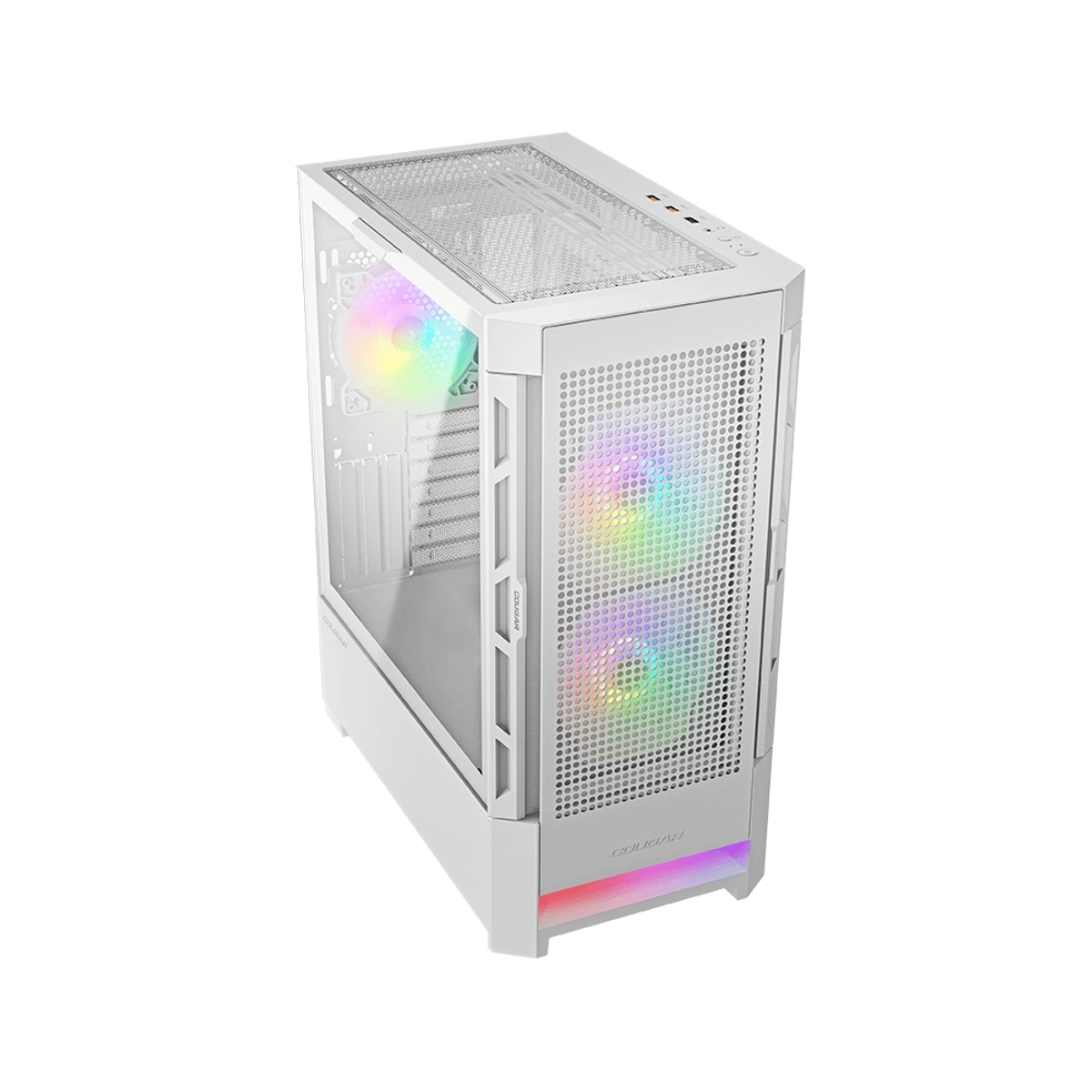 Un case per computer bianco con pannello laterale in vetro. Ha una parte anteriore a rete con luci colorate e una ventilazione superiore.