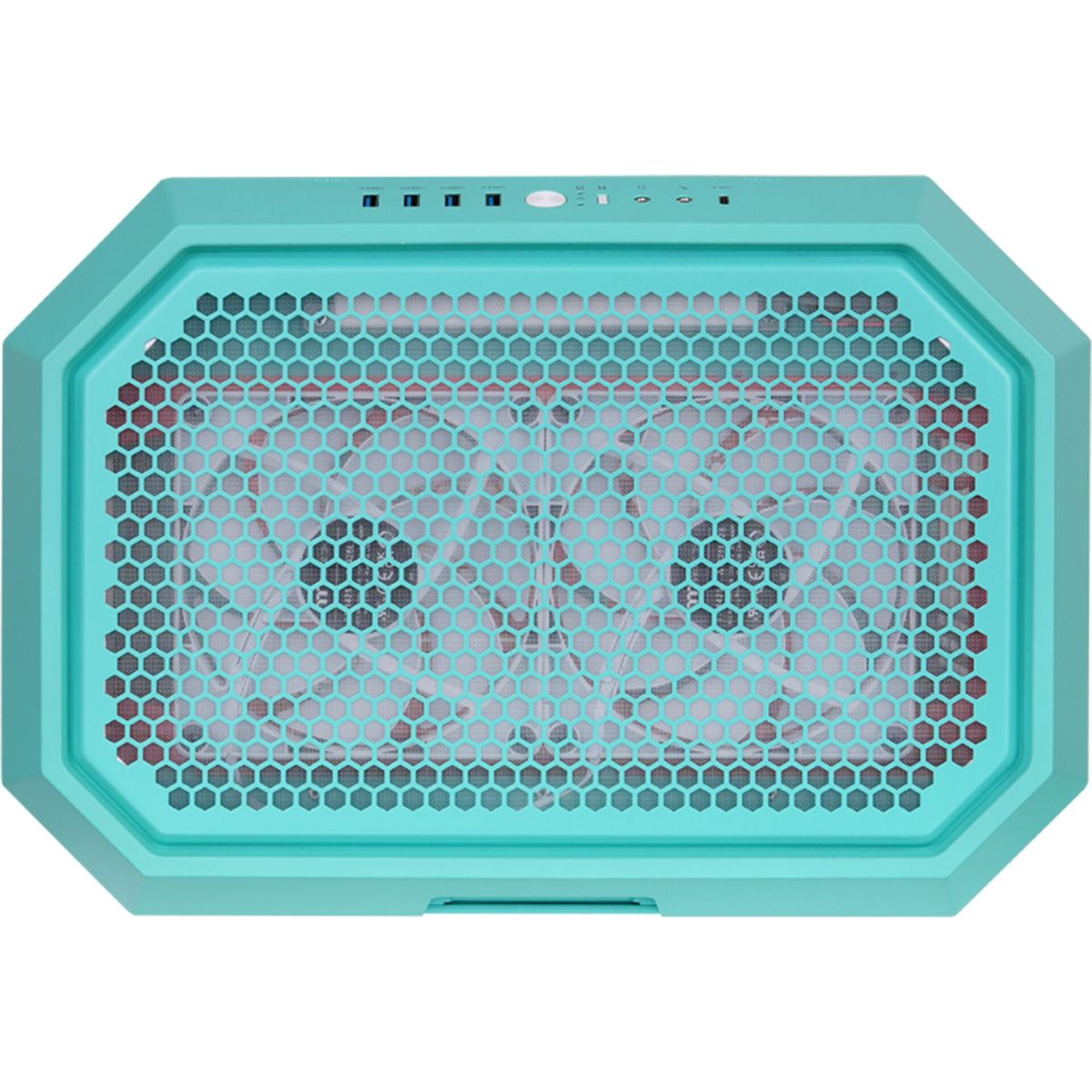 Una ventola di raffreddamento per computer color turchese con una copertura a rete a nido d'ape. Sotto la rete sono visibili due ventole.