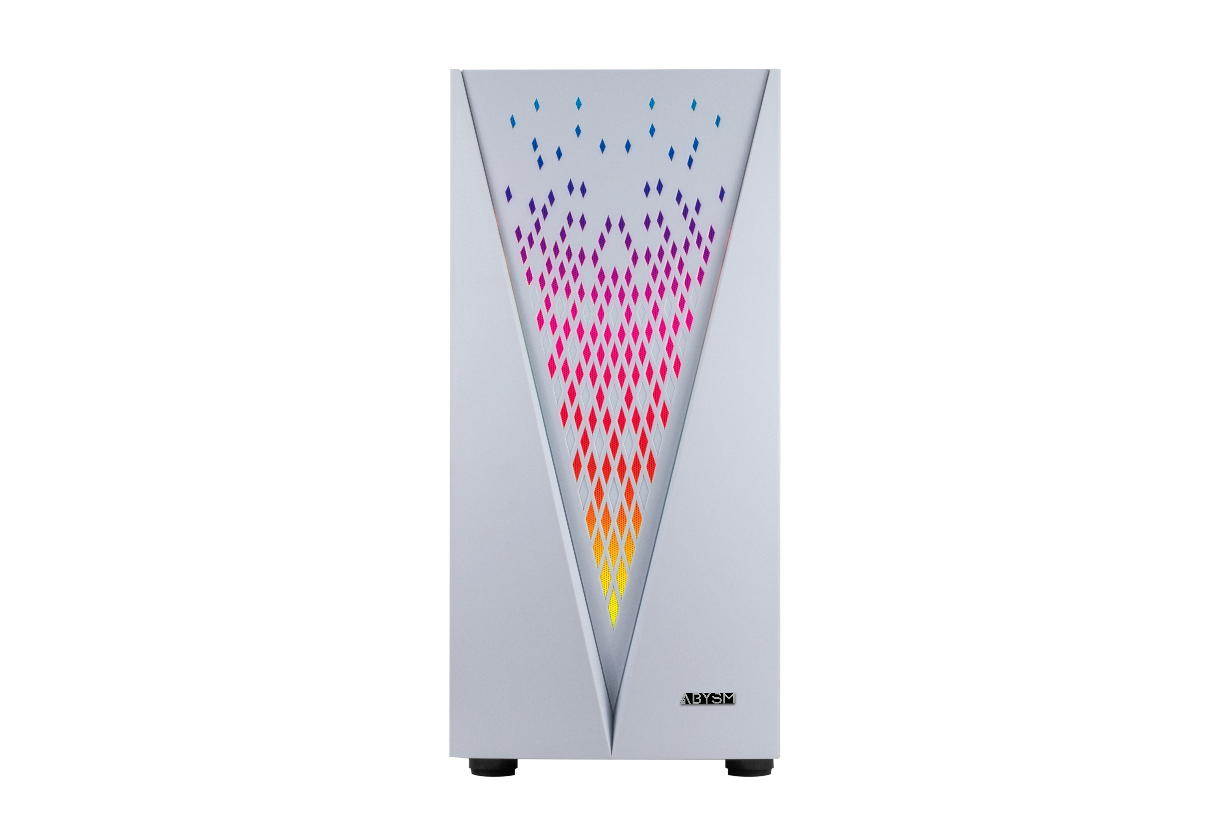 Un case per computer bianco con un motivo a diamante colorato. La parte inferiore ha piedini neri e il nome del marchio.