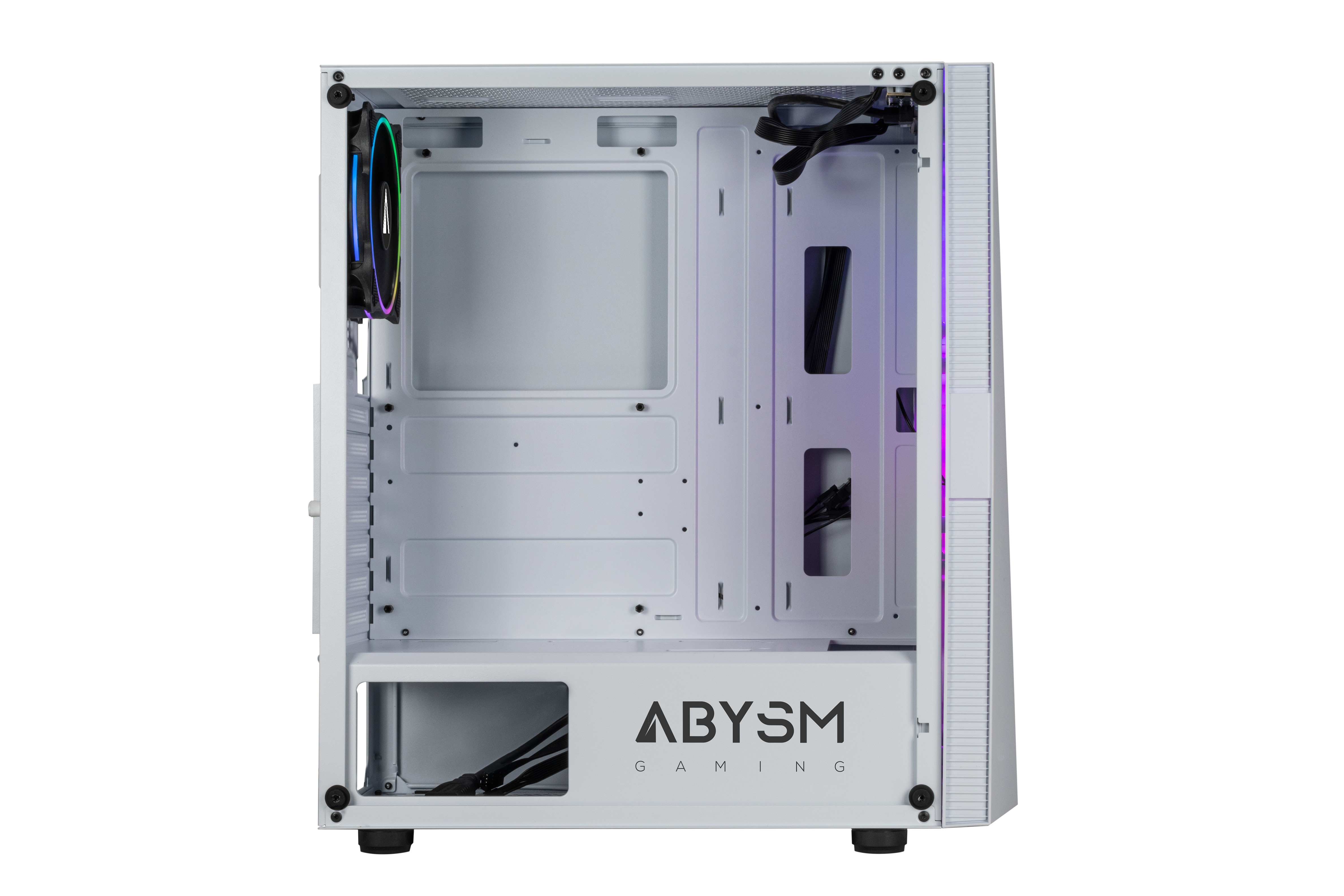 Interno di un case per computer bianco con ventola e cavi. Il case ha il logo ABYSM GAMING.