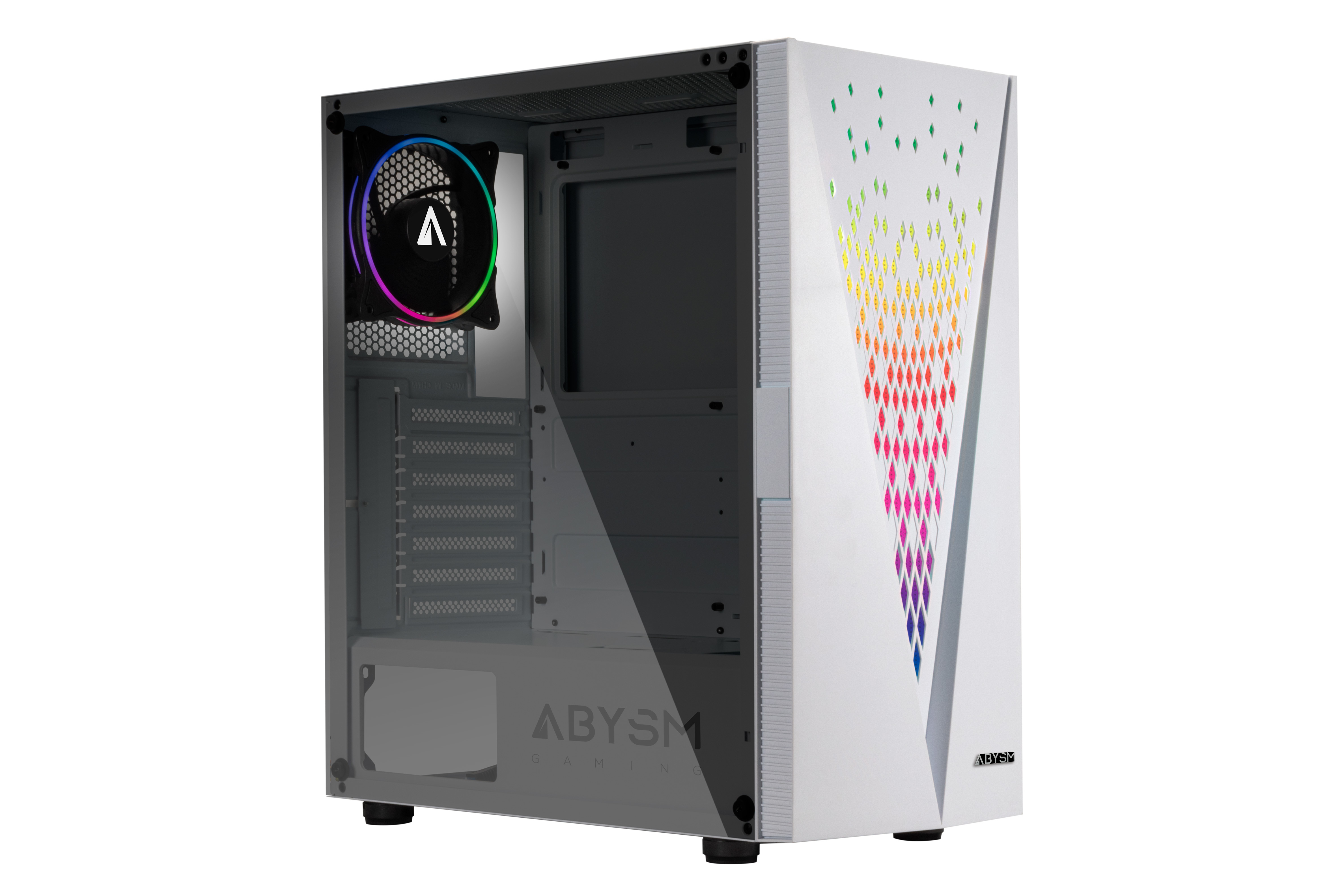 Un case per computer bianco con pannello laterale in vetro. Ha una ventola colorata e un design geometrico.