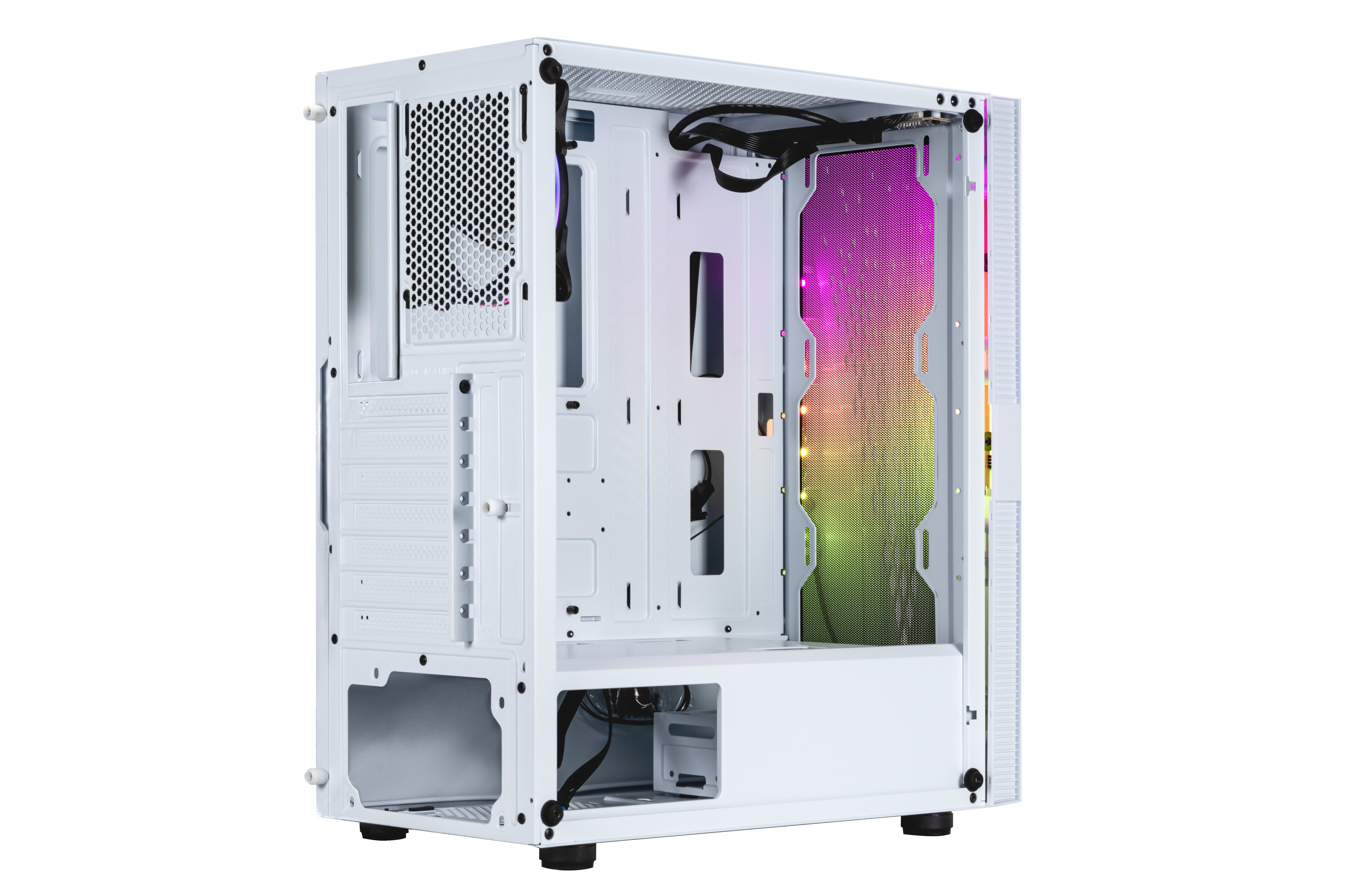 Case per computer bianco, aperto, con mesh e illuminazione RGB visibile all'interno. Cavi e ventola neri presenti.