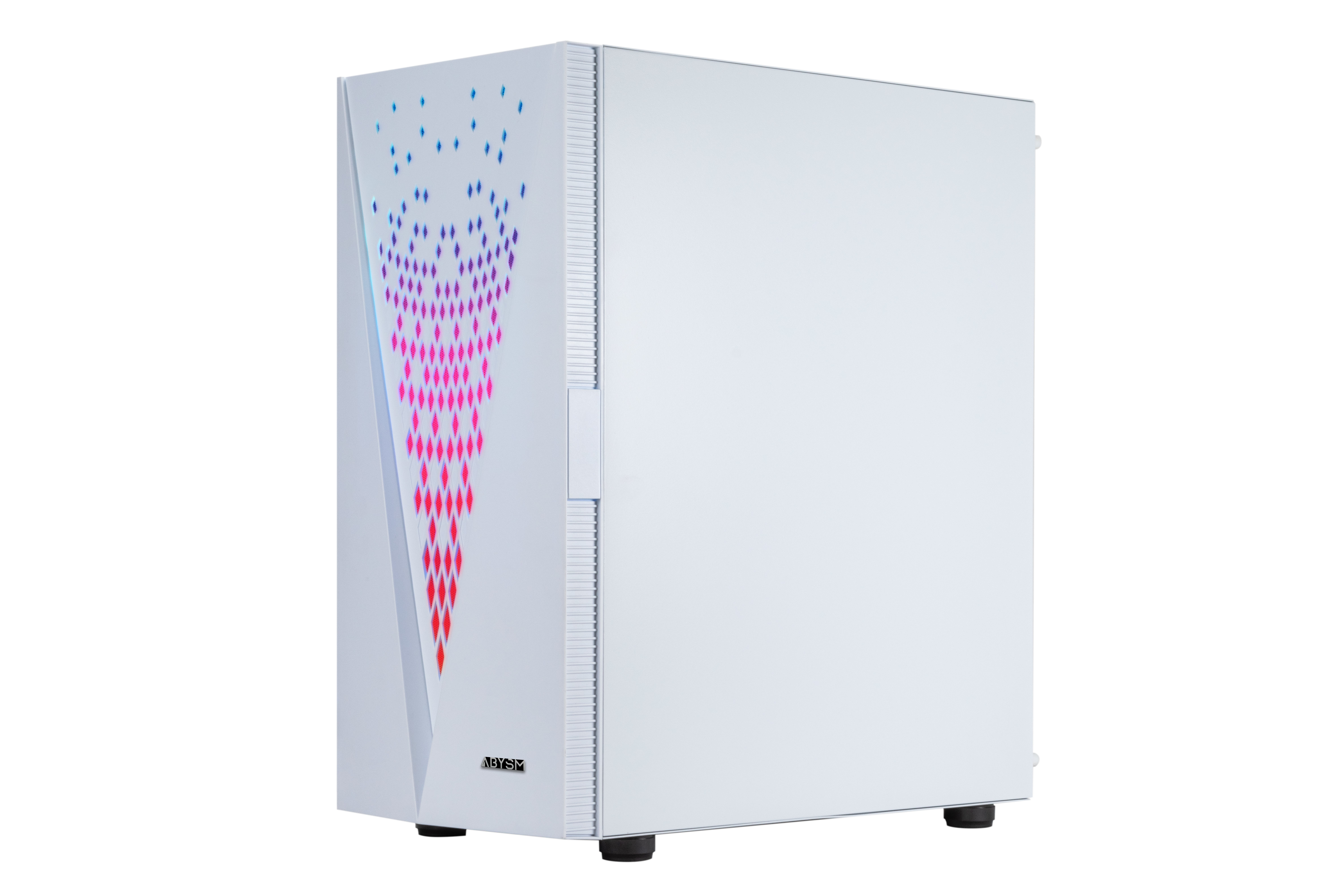 Un case per computer bianco con un motivo di luce a forma di diamante. Ha piedini neri.