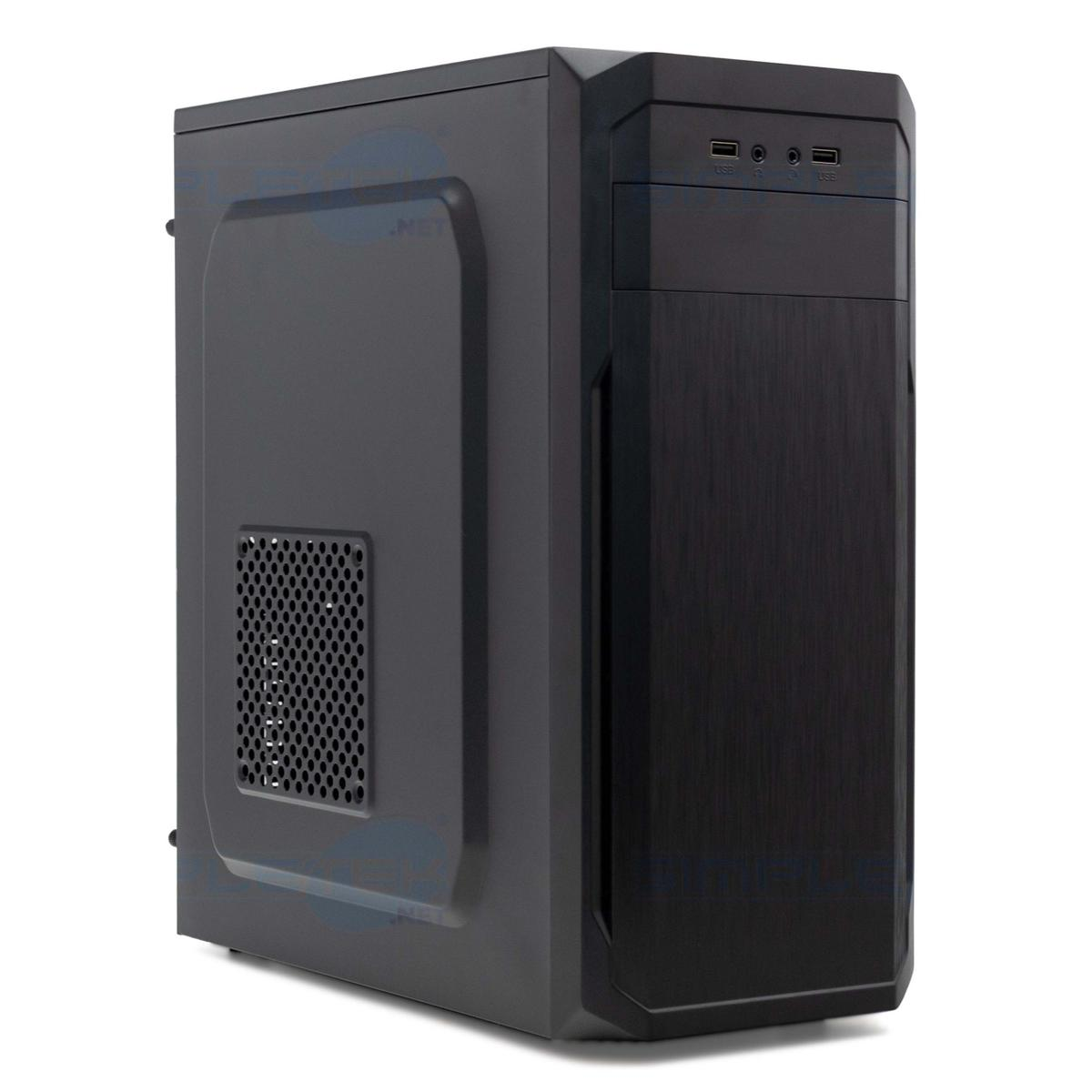Un case per computer nero. Ha una presa d'aria a rete, porte USB e un pannello frontale strutturato. Lo sfondo è bianco.